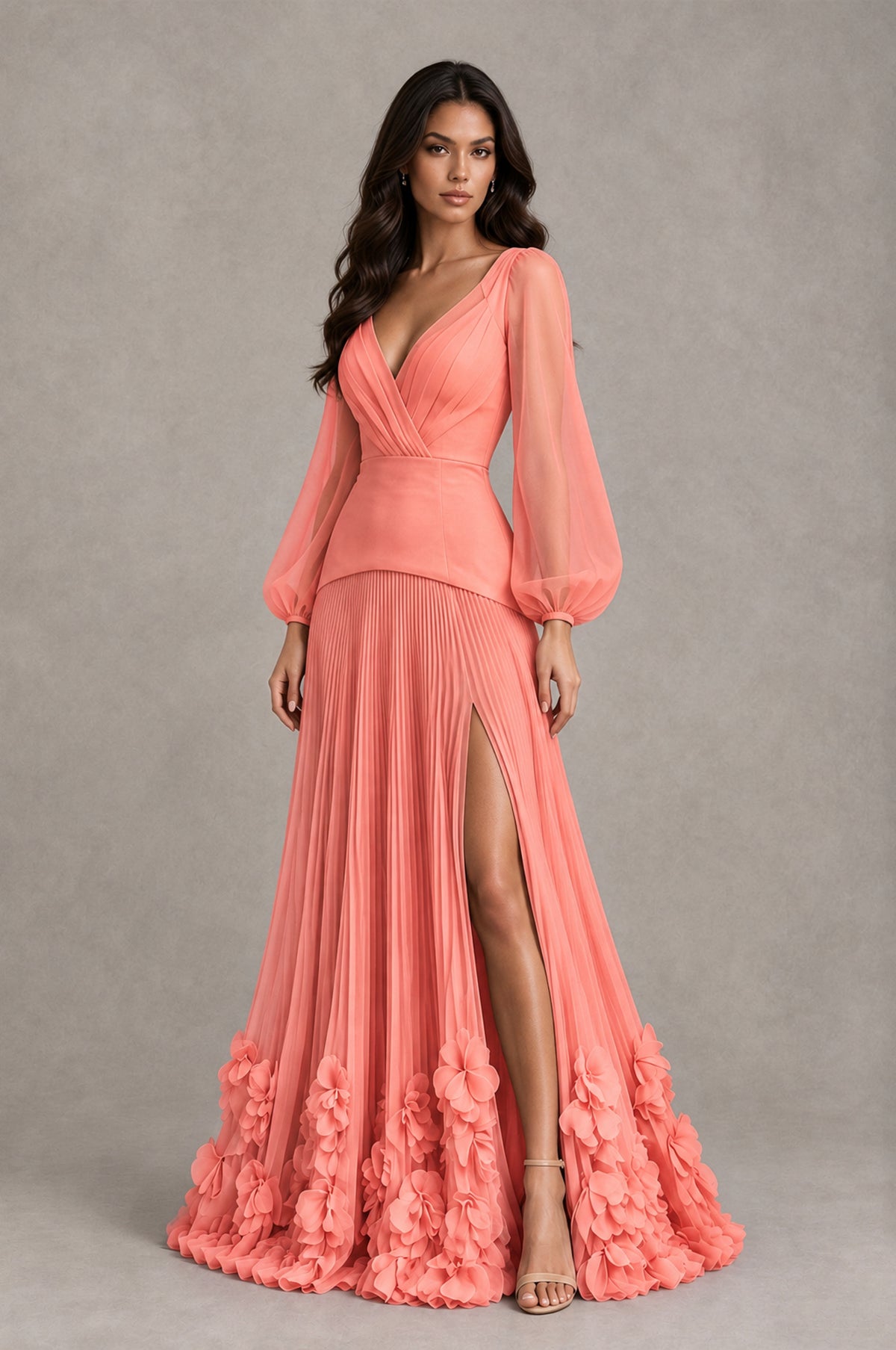 BOLODOO Coral V-Neck Long Sleeve Pleated Floral Hem Evening Dress - Coral - Coral_3