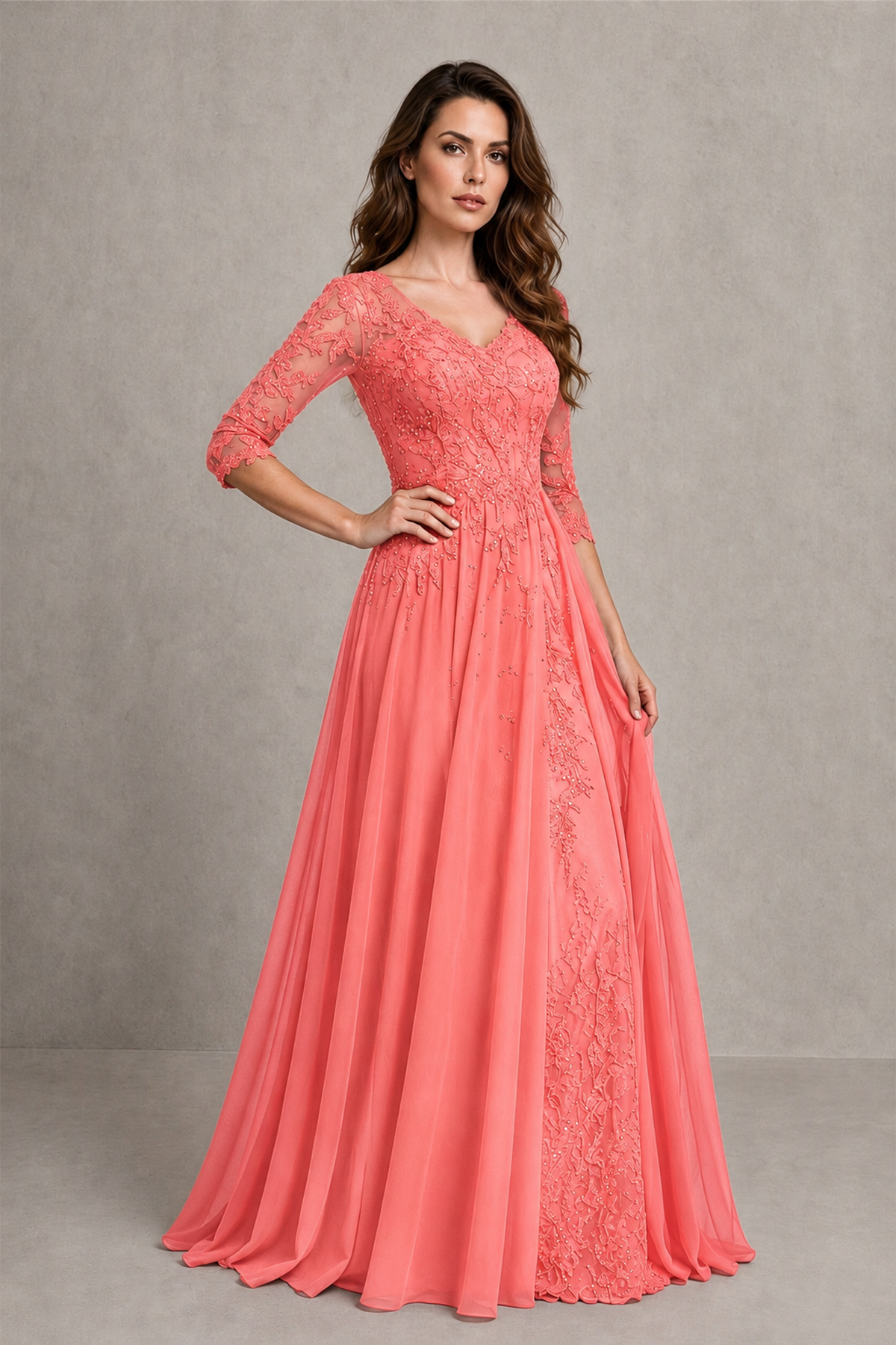 BOLODOO Midnight Coral Beaded Lace Appliqué Chiffon A-Line Gown | Mother of the Bride & Formal Evening Dress - Coral - Coral_3