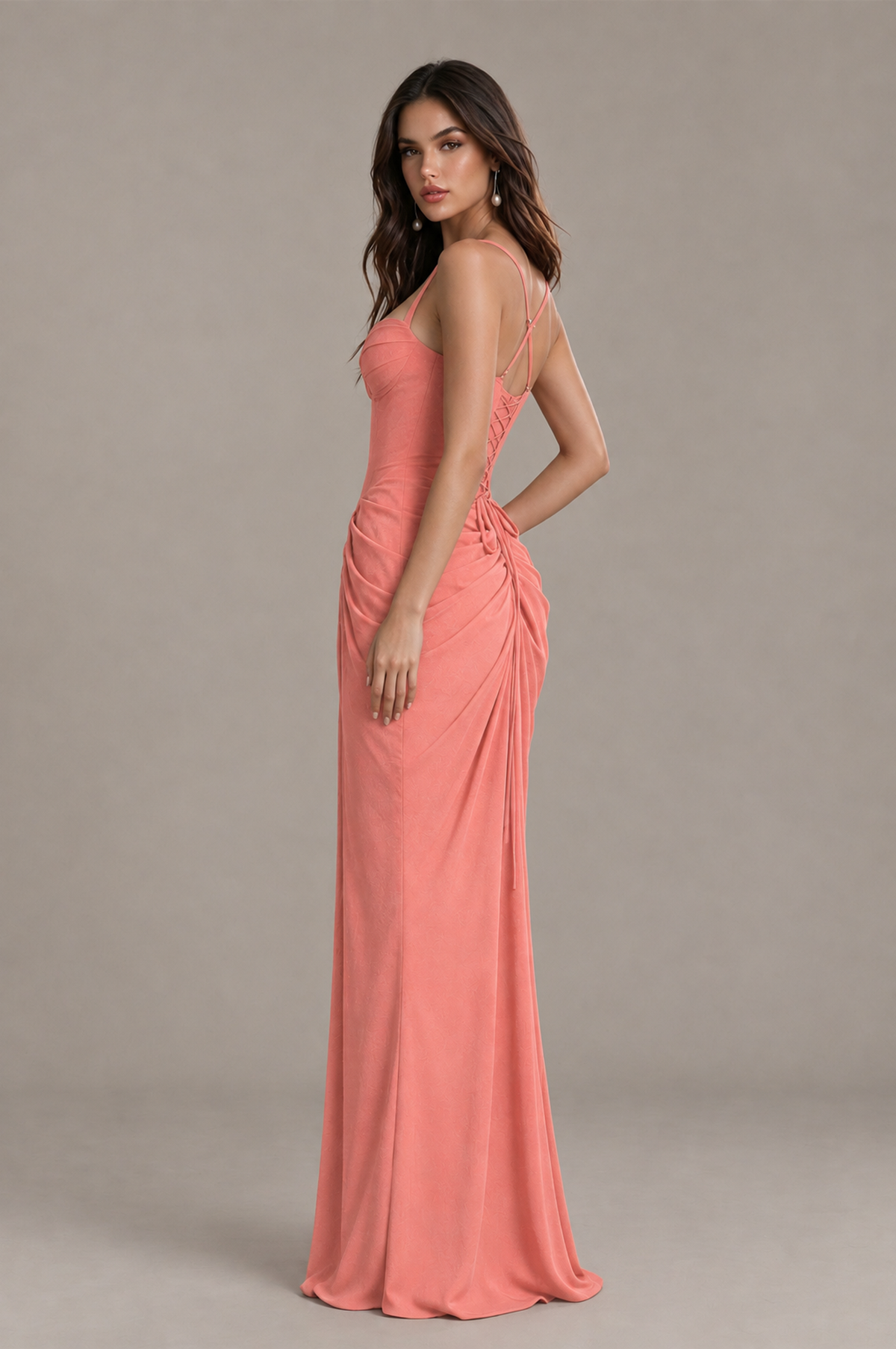 BOLODOO Coral Sweetheart Ruched Lace-Up Back Evening Gown - Coral - Coral_3