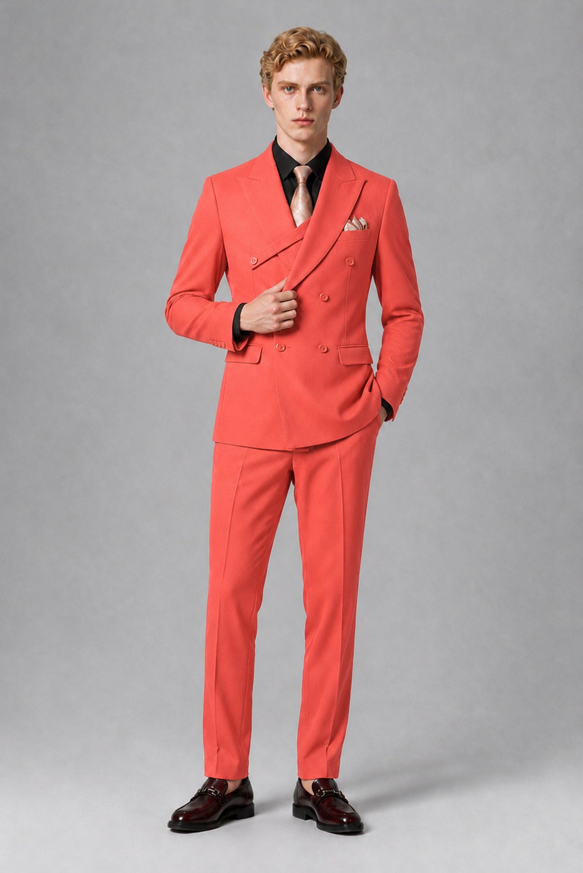 BOLODOO Men's Coral Double-Breasted Two-Piece Suit – Jacket & Trousers - Coral