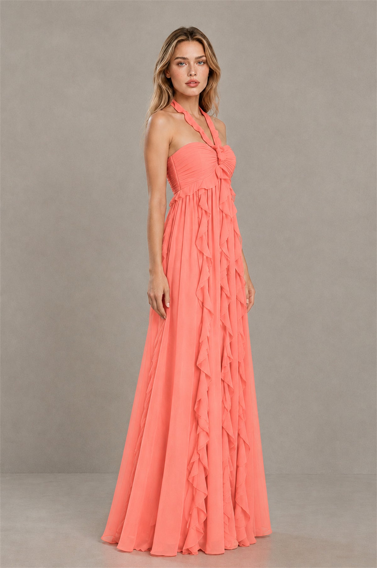 BOLODOO Coral Halter Ruffle A-Line Floor-Length Evening Dress - Coral - Coral_3