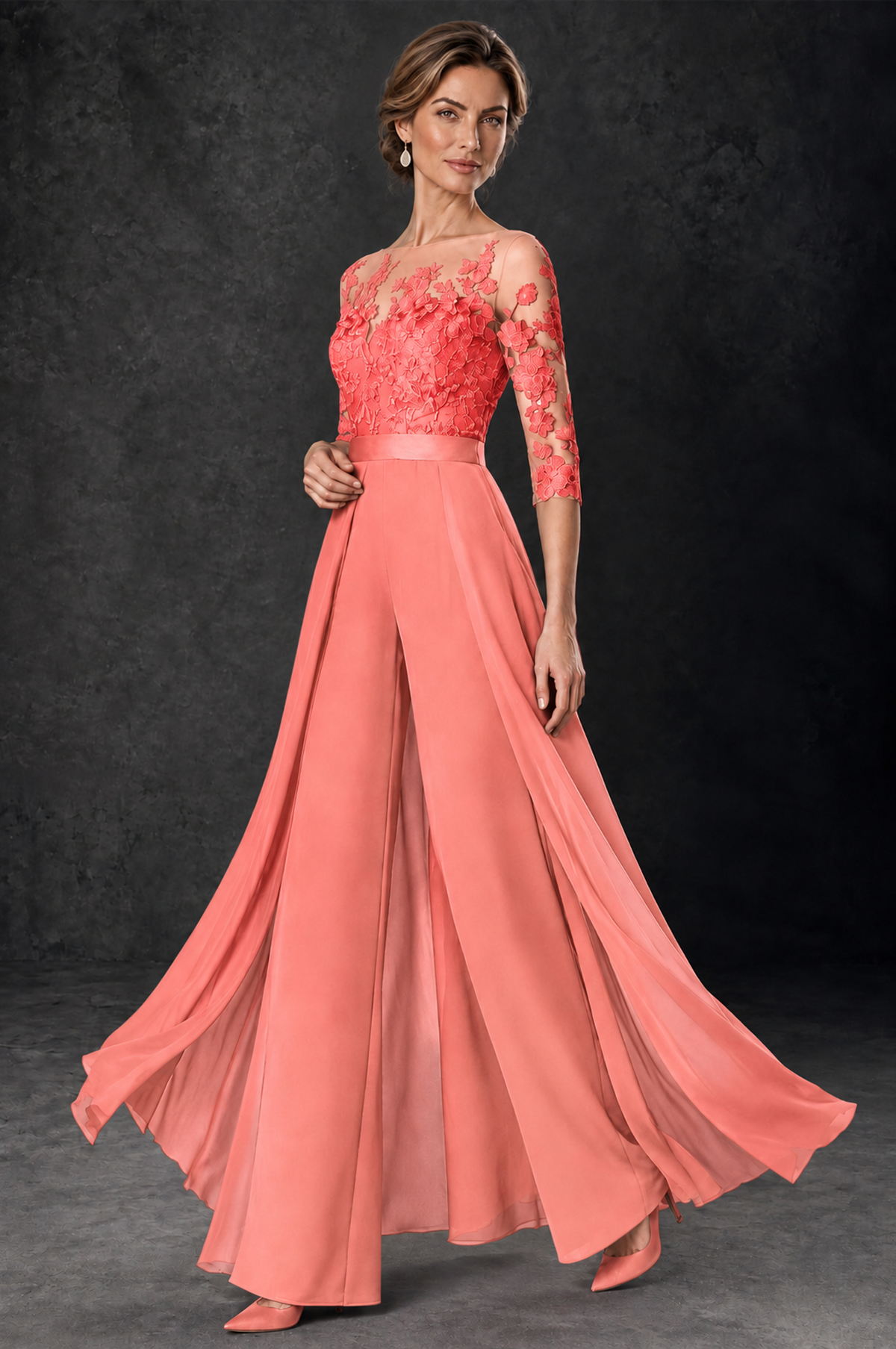 BOLODOO Coral Lace Wide-Leg Jumpsuit with Three-Quarter Sleeves - Coral - Coral_3