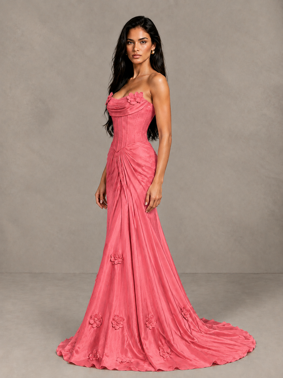 BOLODOO Coral Strapless Floral Corset Evening Gown with Train - Coral - Coral_3
