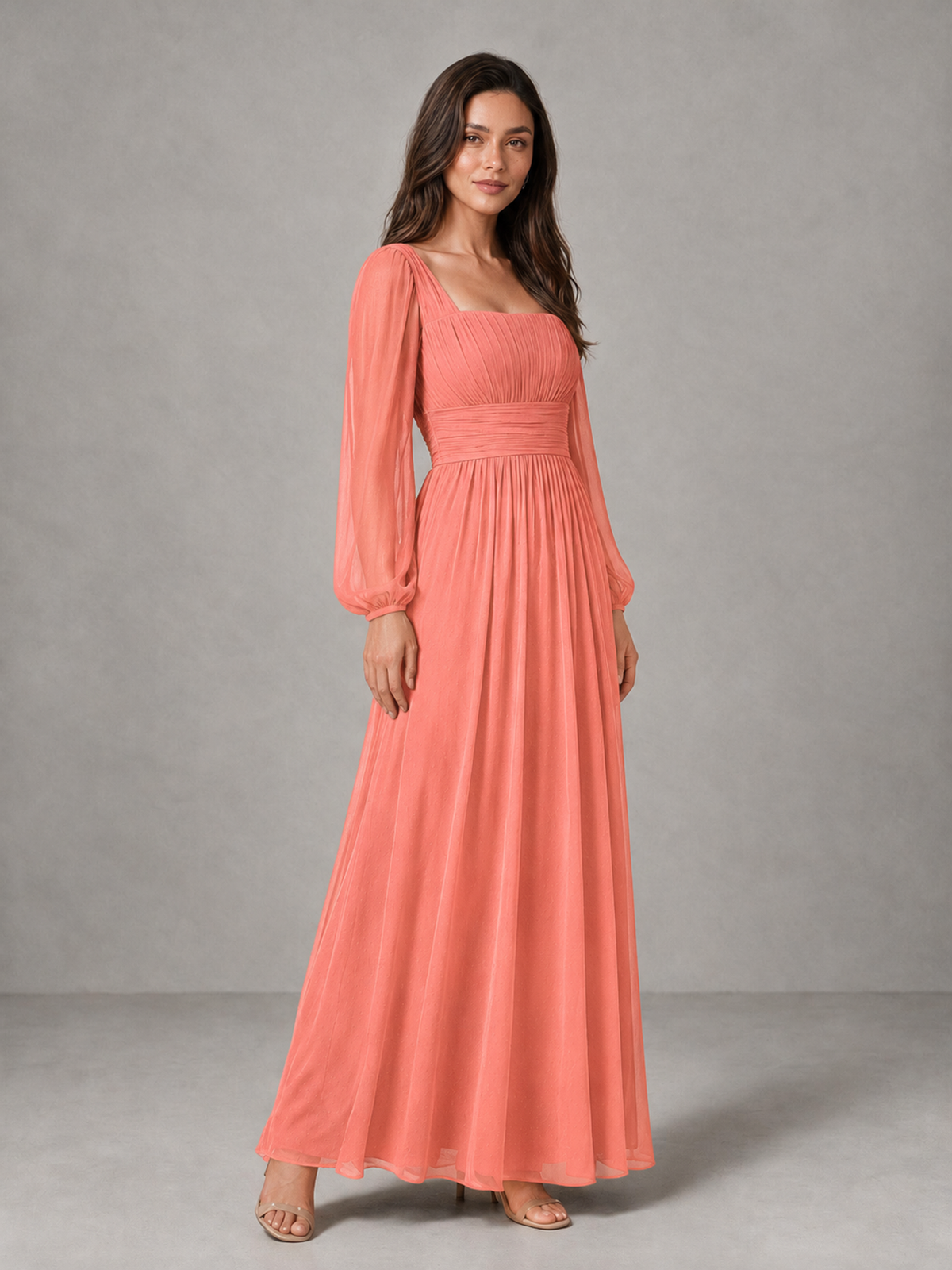 BOLODOO Coral Square Neck Long Sleeve Chiffon Bridesmaid Dress - Coral - Coral_3