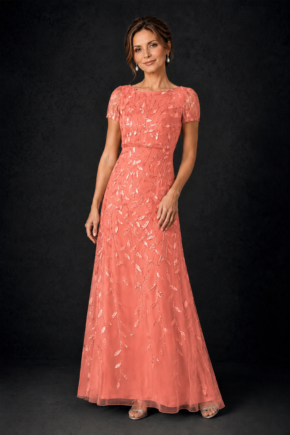 BOLODOO Coral Leaf Embroidered A-Line Formal Gown with Cap Sleeves - Coral - Coral_3