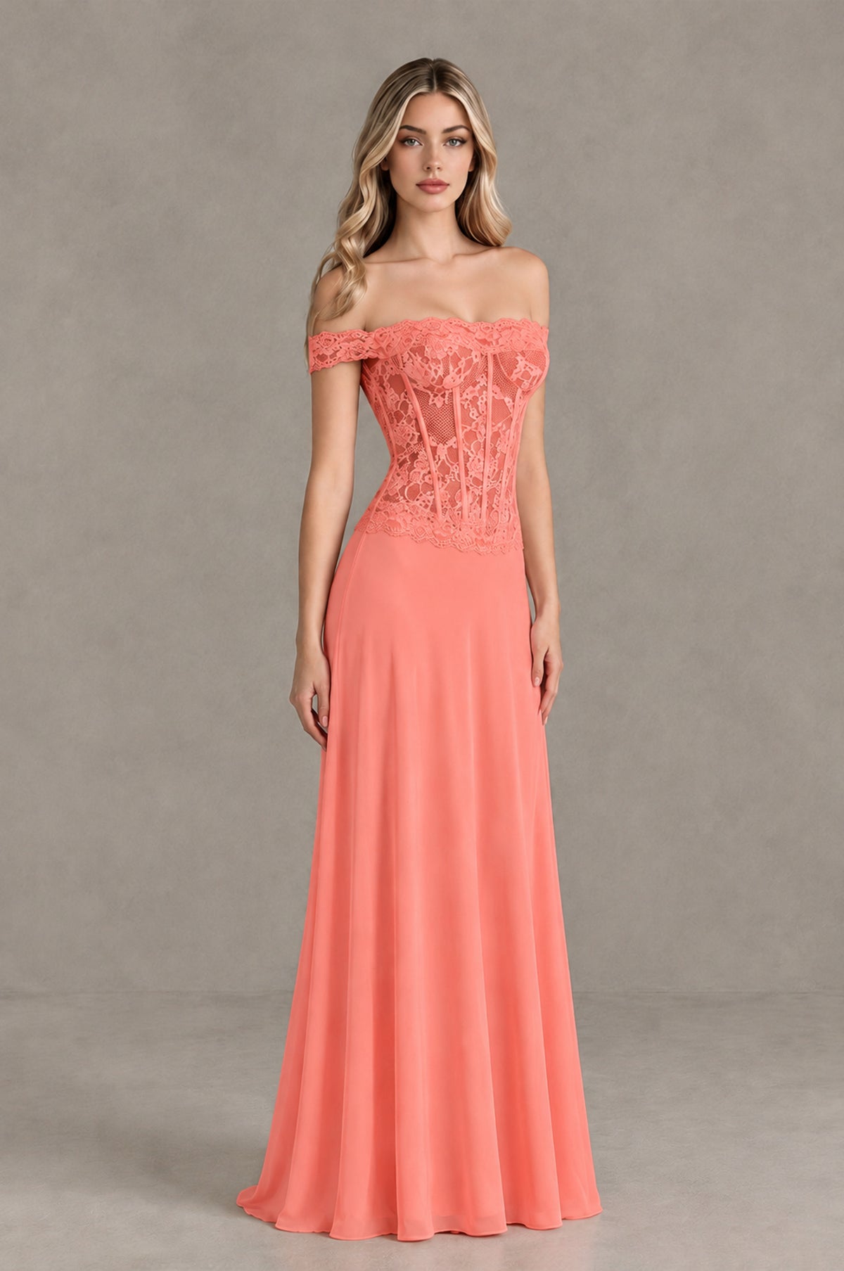 BOLODOO Coral Off Shoulder Lace Corset Wedding Guest Dress - Coral - Coral_3