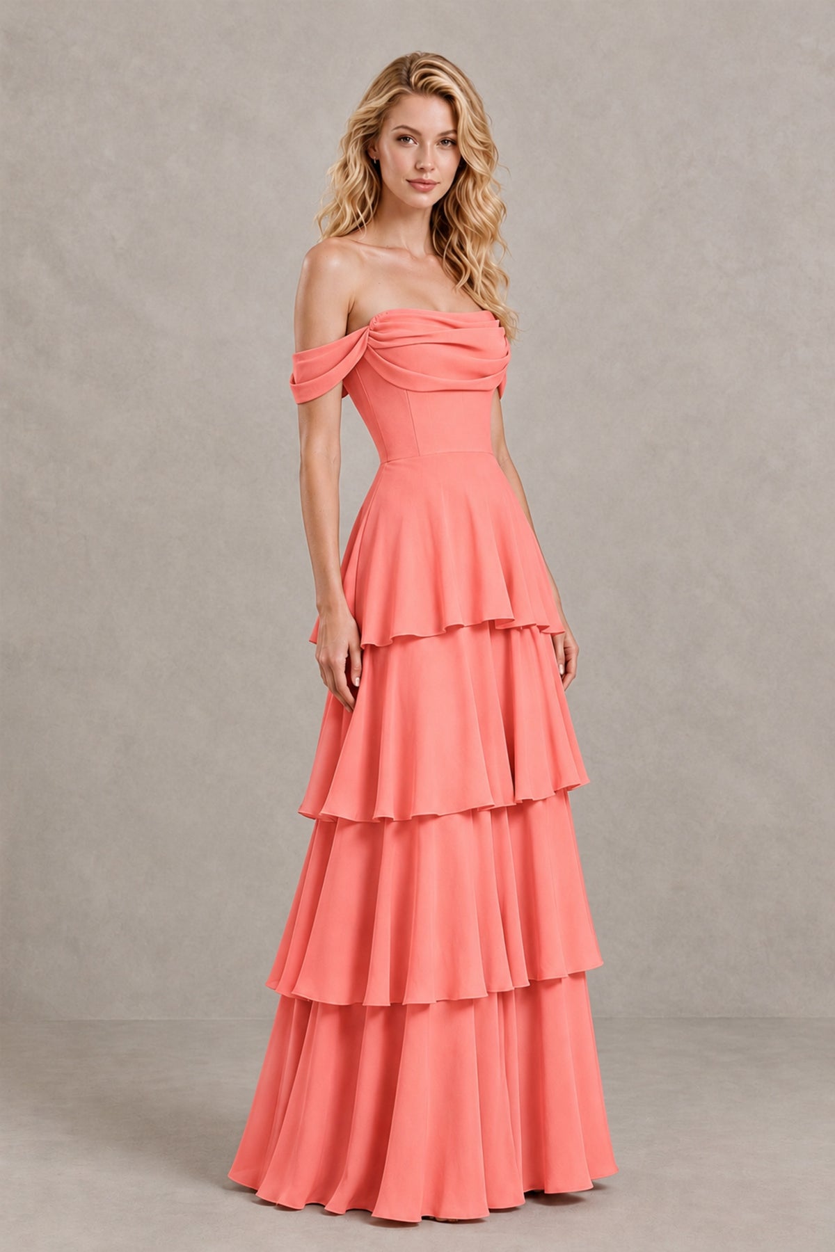 BOLODOO Coral Off-the-Shoulder Tiered A-Line Evening Bridesmaid Dress - Coral - Coral_3