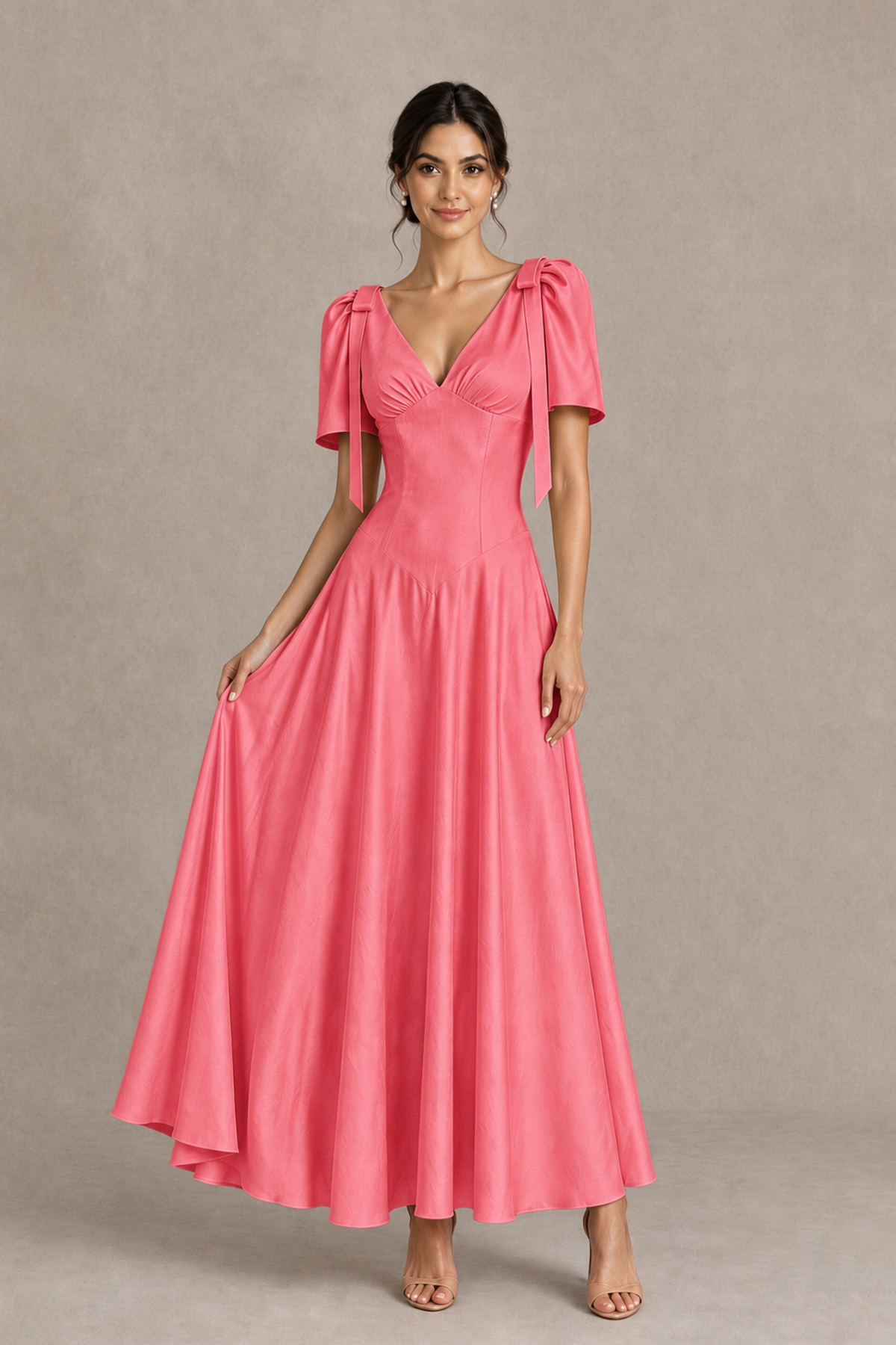 BOLODOO Coral V-Neck Short Sleeve Satin-Look Bridesmaid Dress with Shoulder Bows - Coral - Coral_3