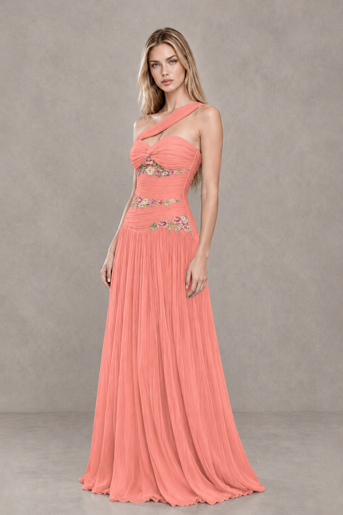 BOLODOO Coral One-Shoulder Floral Applique A-Line Evening Dress - Coral - Coral_3