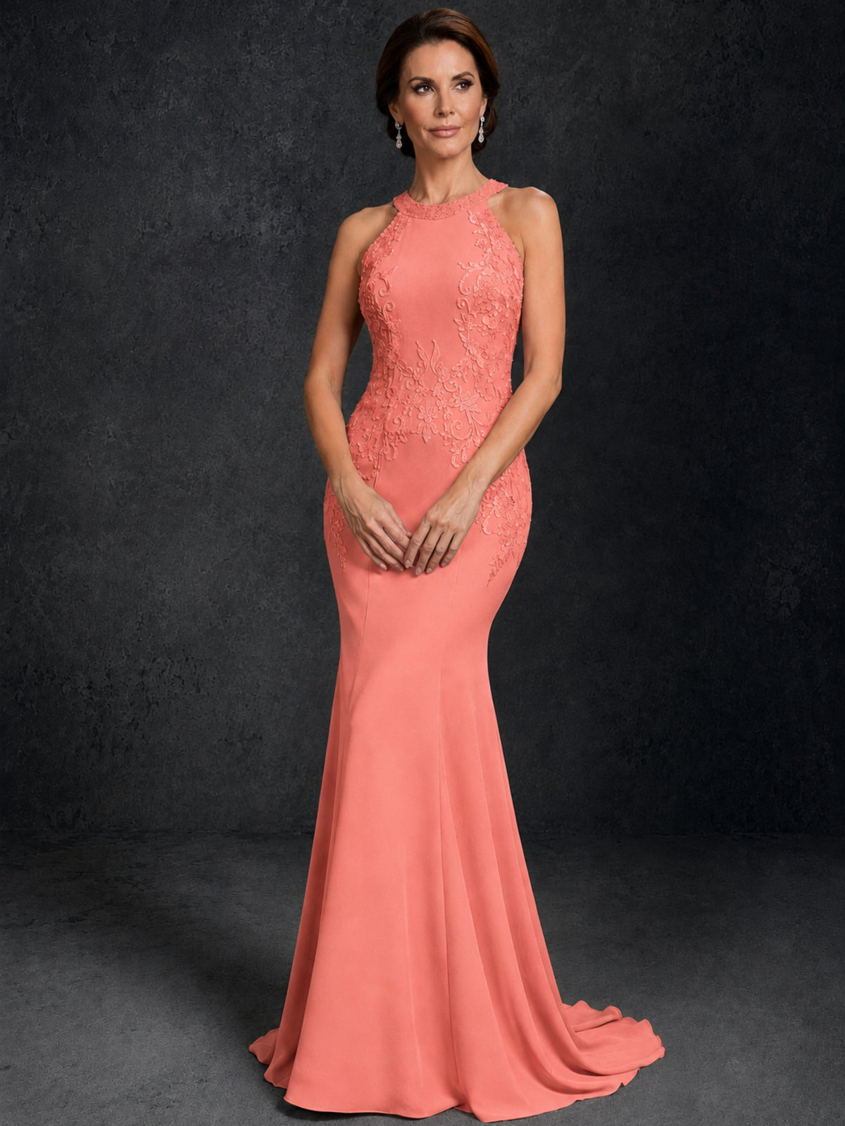 BOLODOO Coral Lace Applique Halter Neck Sheer Back Mermaid Maxi Dress with Sweep Train - Coral