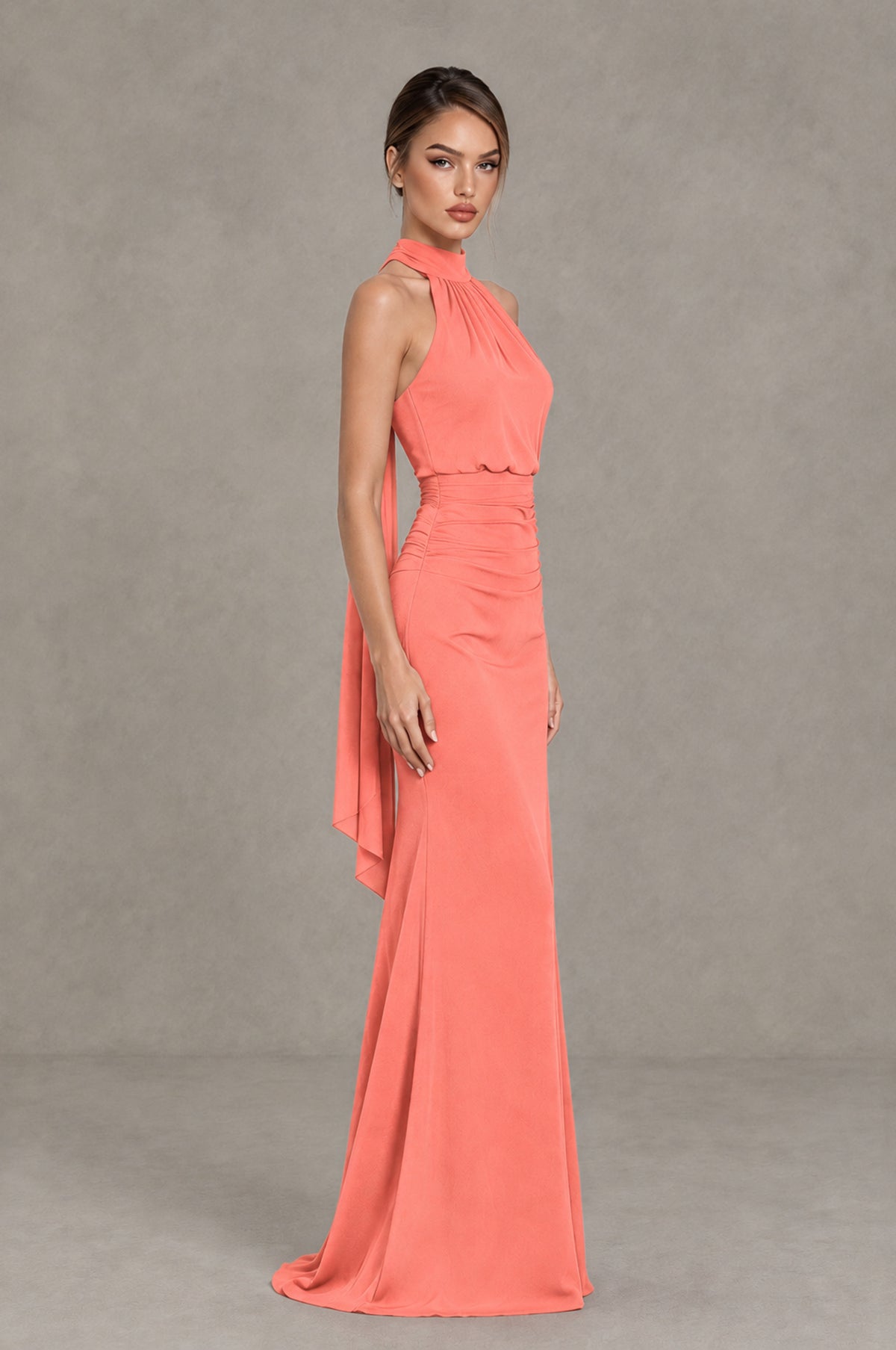 BOLODOO Coral Chiffon Halter Maxi Formal Wedding Guest Dress - Coral - Coral_3
