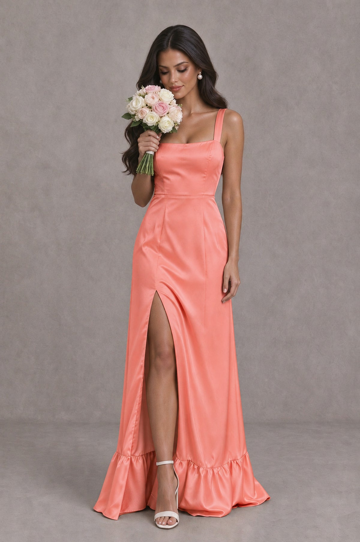 BOLODOO Coral Square Neck Satin Evening Dress with Lace-Up Back and High Slit - Coral - Coral_3