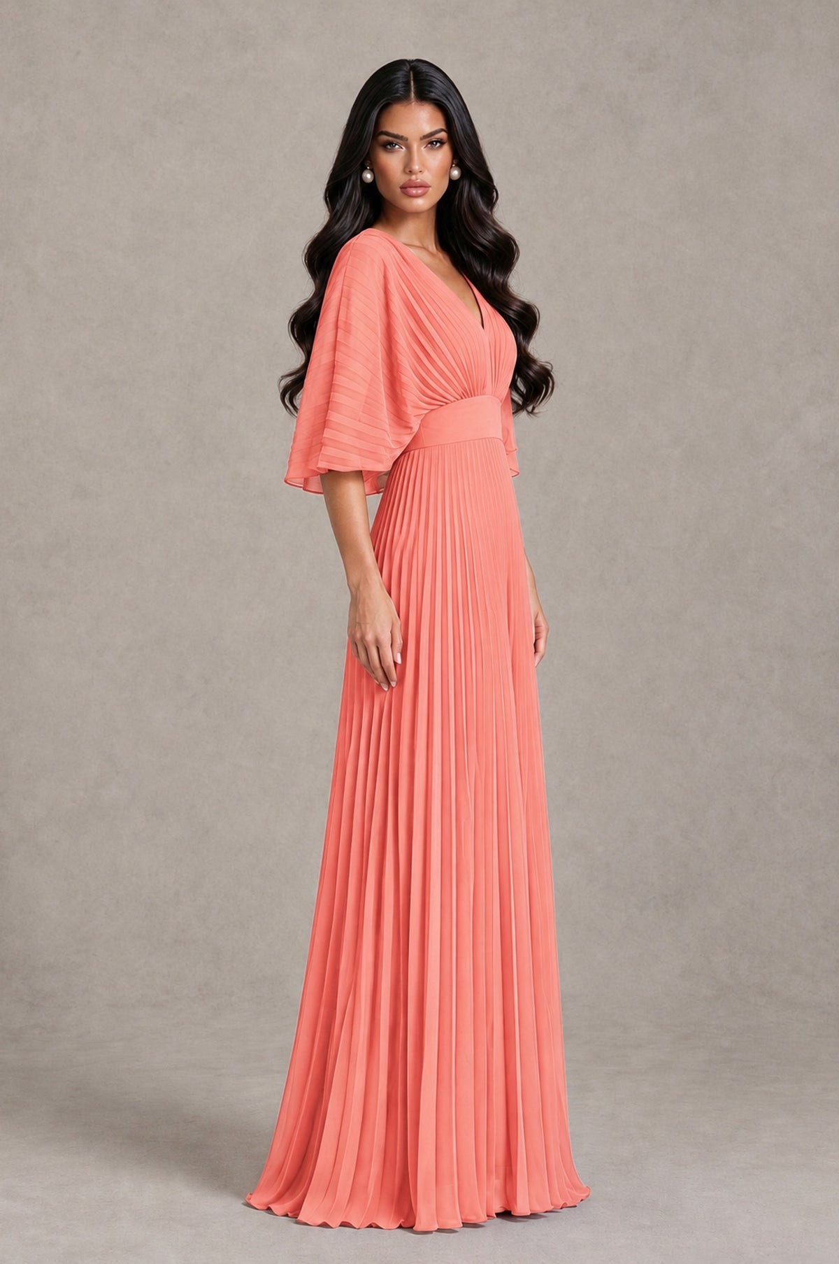 BOLODOO Coral V-Neck Pleated Flutter Sleeve Formal Dress - Coral - Coral_3