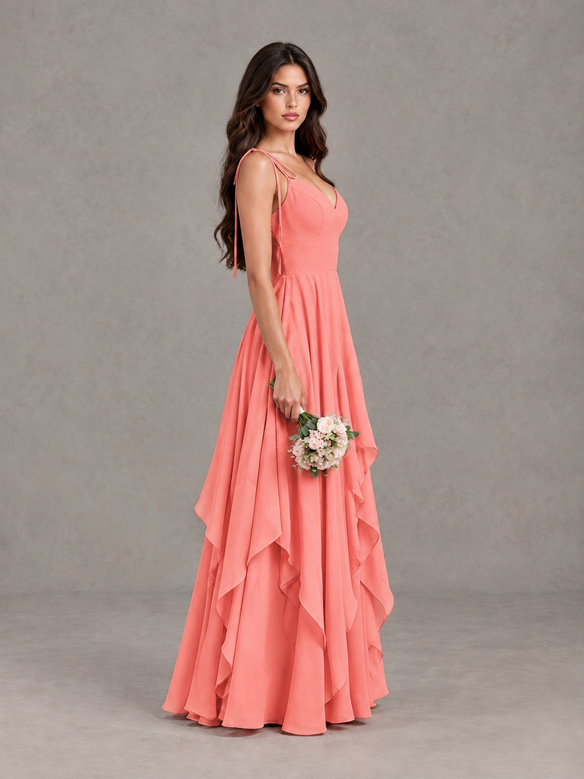 BOLODOO Coral Tie-Strap Ruffle A-Line Bridesmaid Dress - Coral - Coral_3
