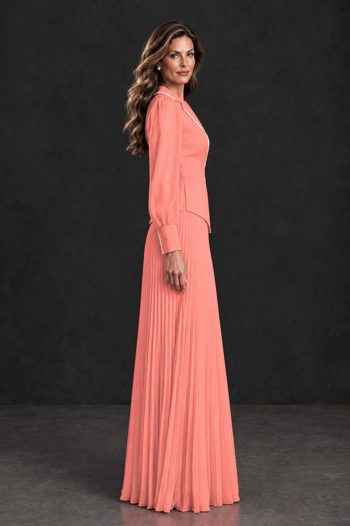 BOLODOO Coral Long Sleeve Pleated Mother of the Bride Dress - Coral - Coral_3