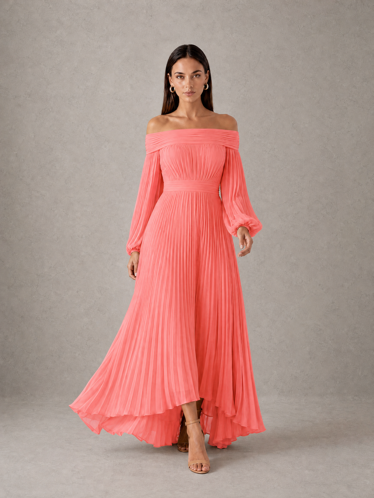 BOLODOO Coral Off-Shoulder Long Sleeve Pleated High-Low Dress - Coral - Coral_3