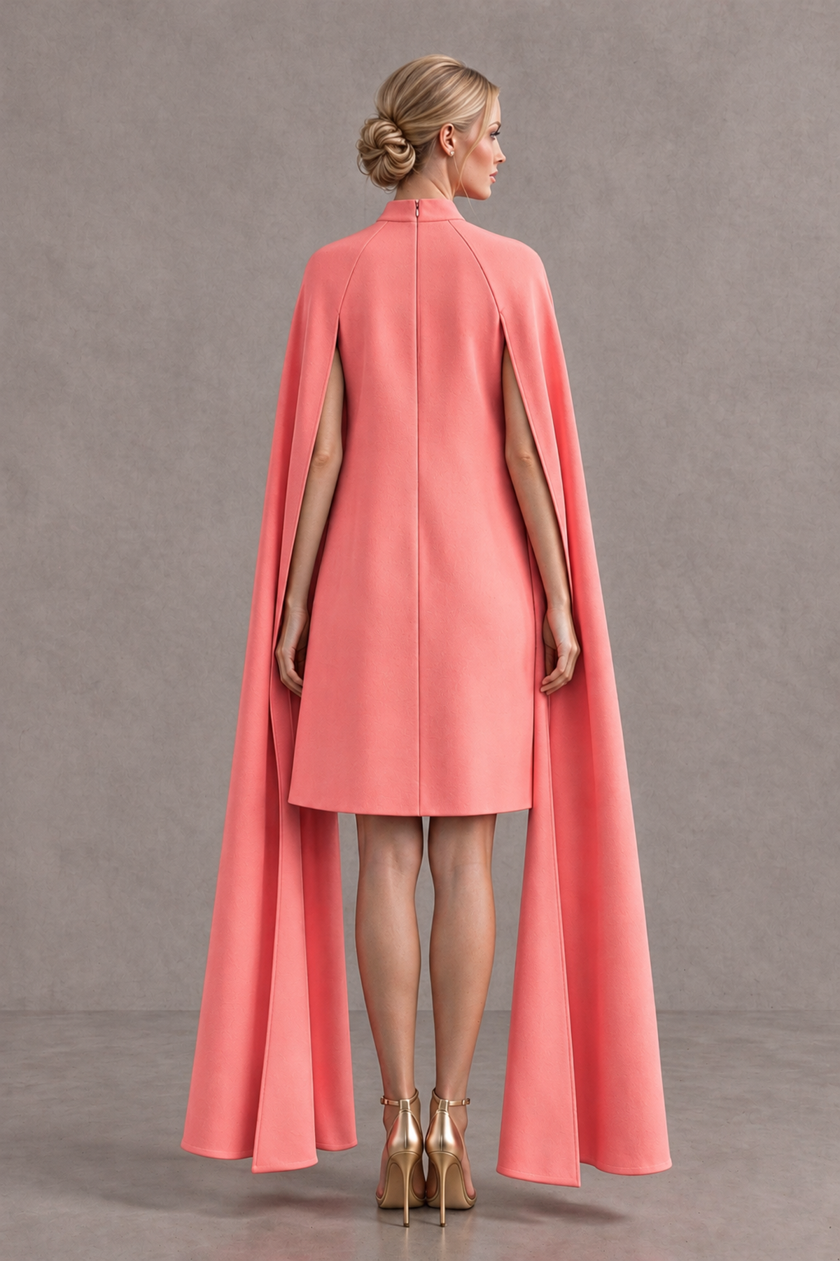 BOLODOO Coral High Neck Floral Cape Mini Cocktail Dress - Coral - Coral_3