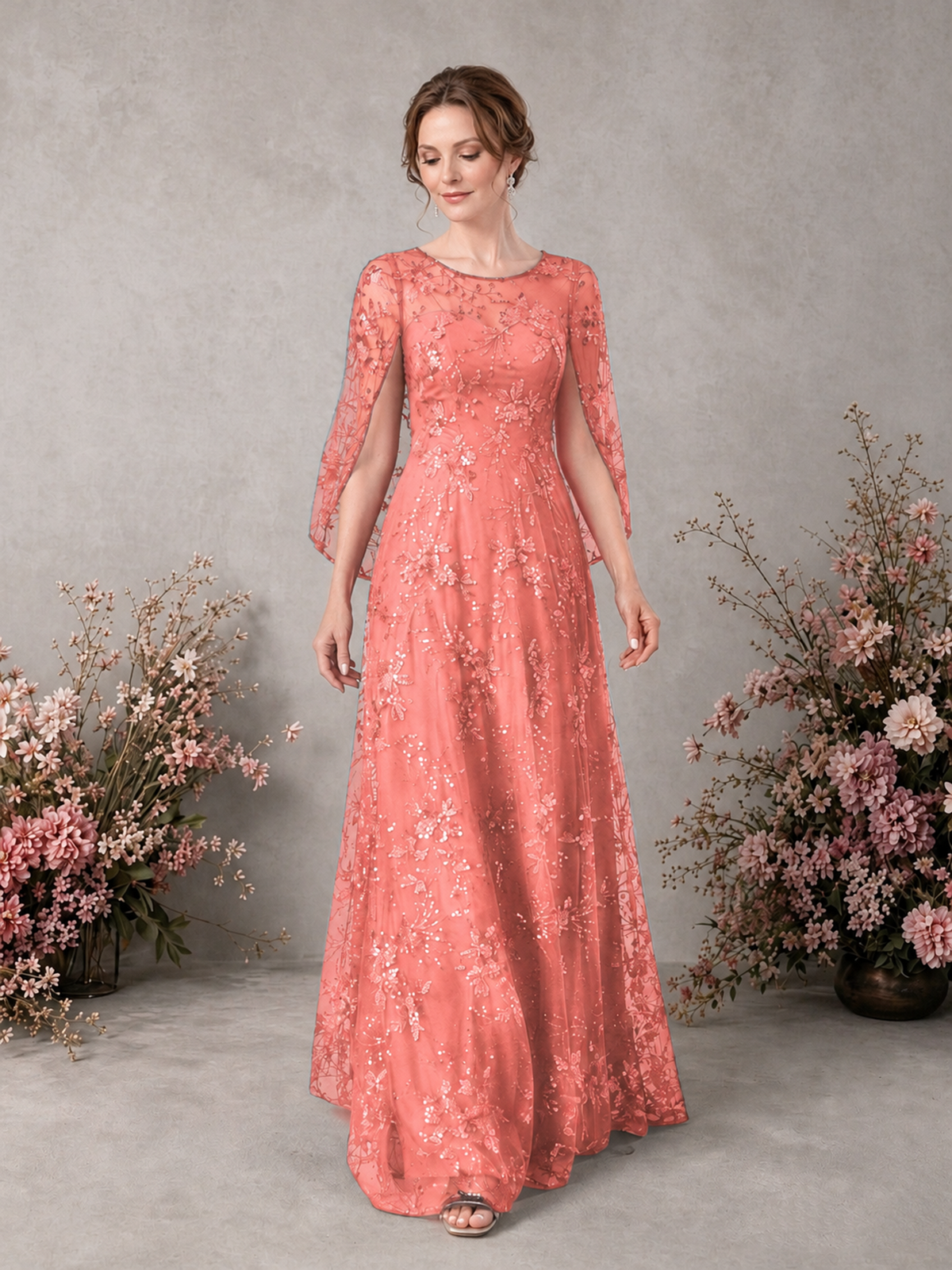 BOLODOO Coral Sequin Lace Cape Sleeve Formal Evening Gown - Coral - Coral_3