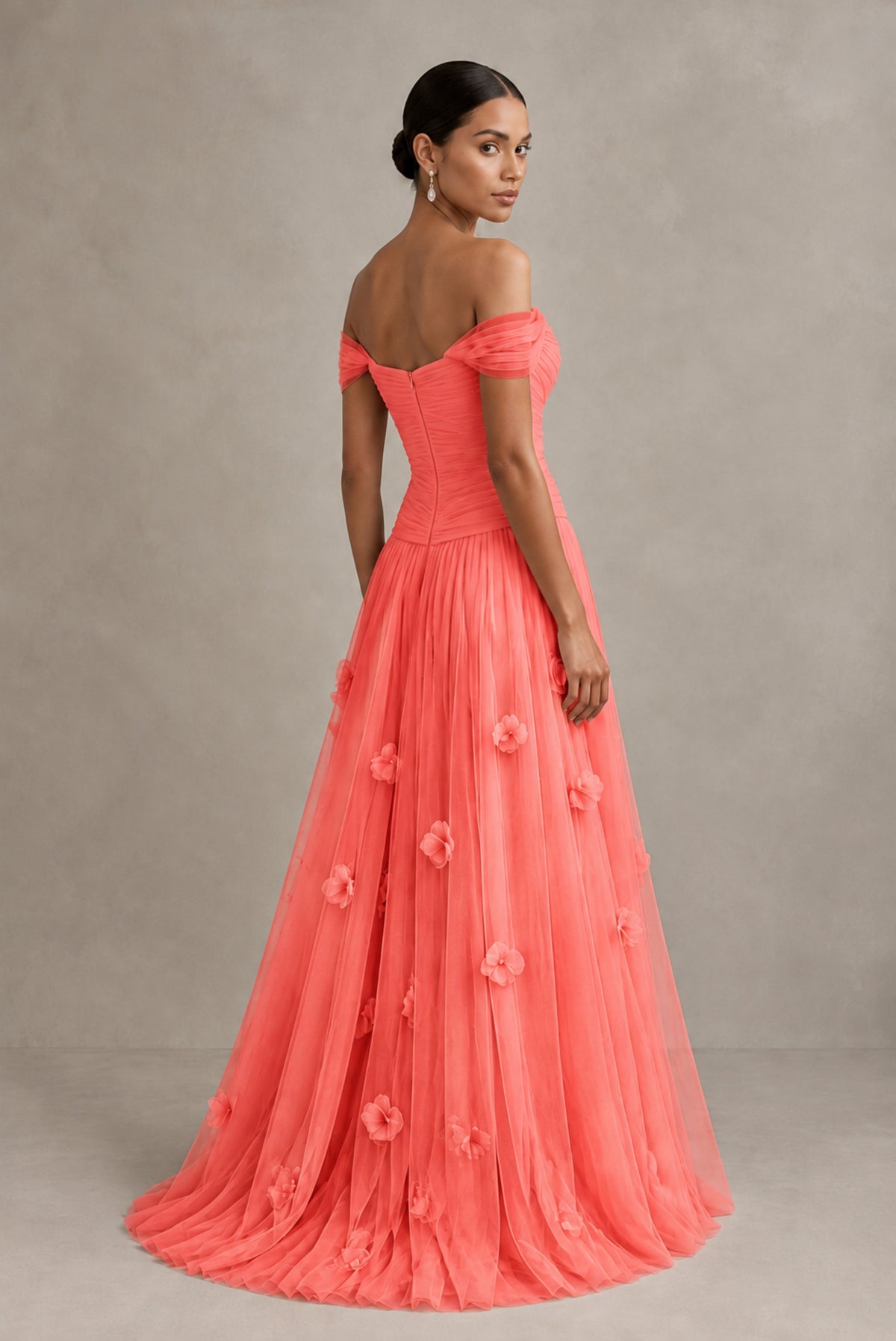 Coral Off-Shoulder Sweetheart A-Line Tulle Gown with 3D Floral Appliques | BOLODOO - Coral