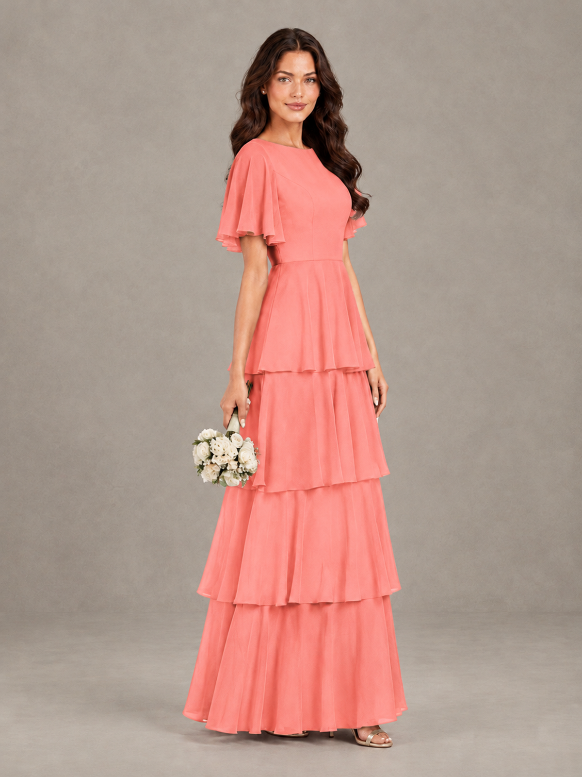 BOLODOO Coral Tiered Flutter Sleeve Bridesmaid Dress - Coral - Coral_3