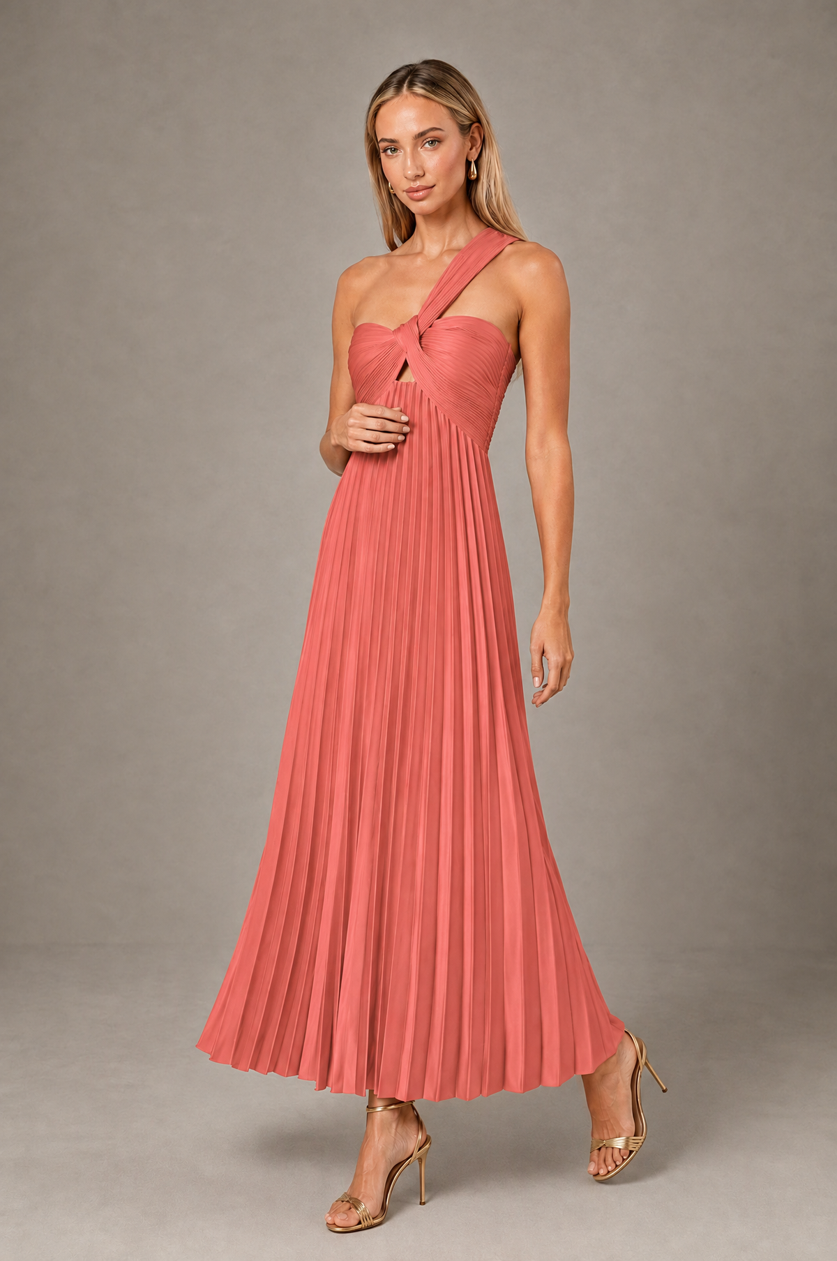 BOLODOO Coral One-Shoulder Twist Knot Pleated Satin Midi Dress with Cutout - Coral - Coral_3
