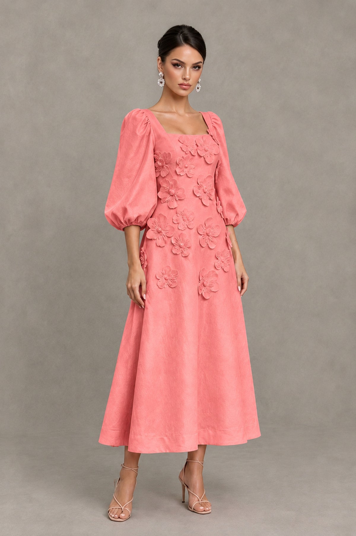 BOLODOO Coral 3D Floral Puff Sleeve Midi Cocktail Dress - Coral - Coral_3