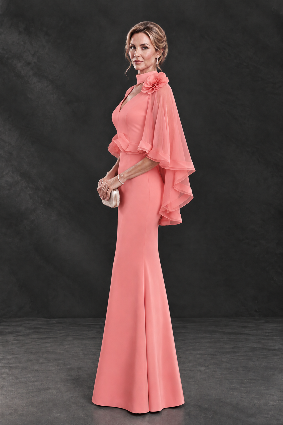BOLODOO Coral Floral Cape Sleeve Mother of the Bride Dress - Coral - Coral_3