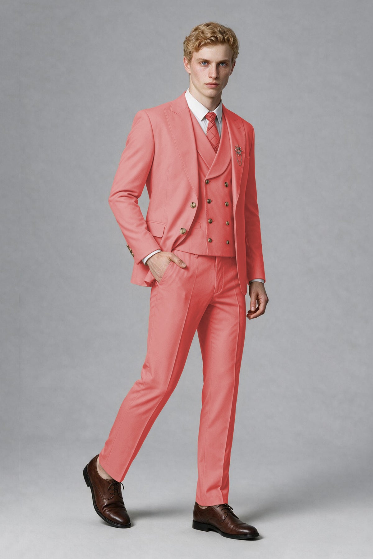 BOLODOO Men's Coral Two-Piece Wedding Suit – Jacket & Trousers - Coral