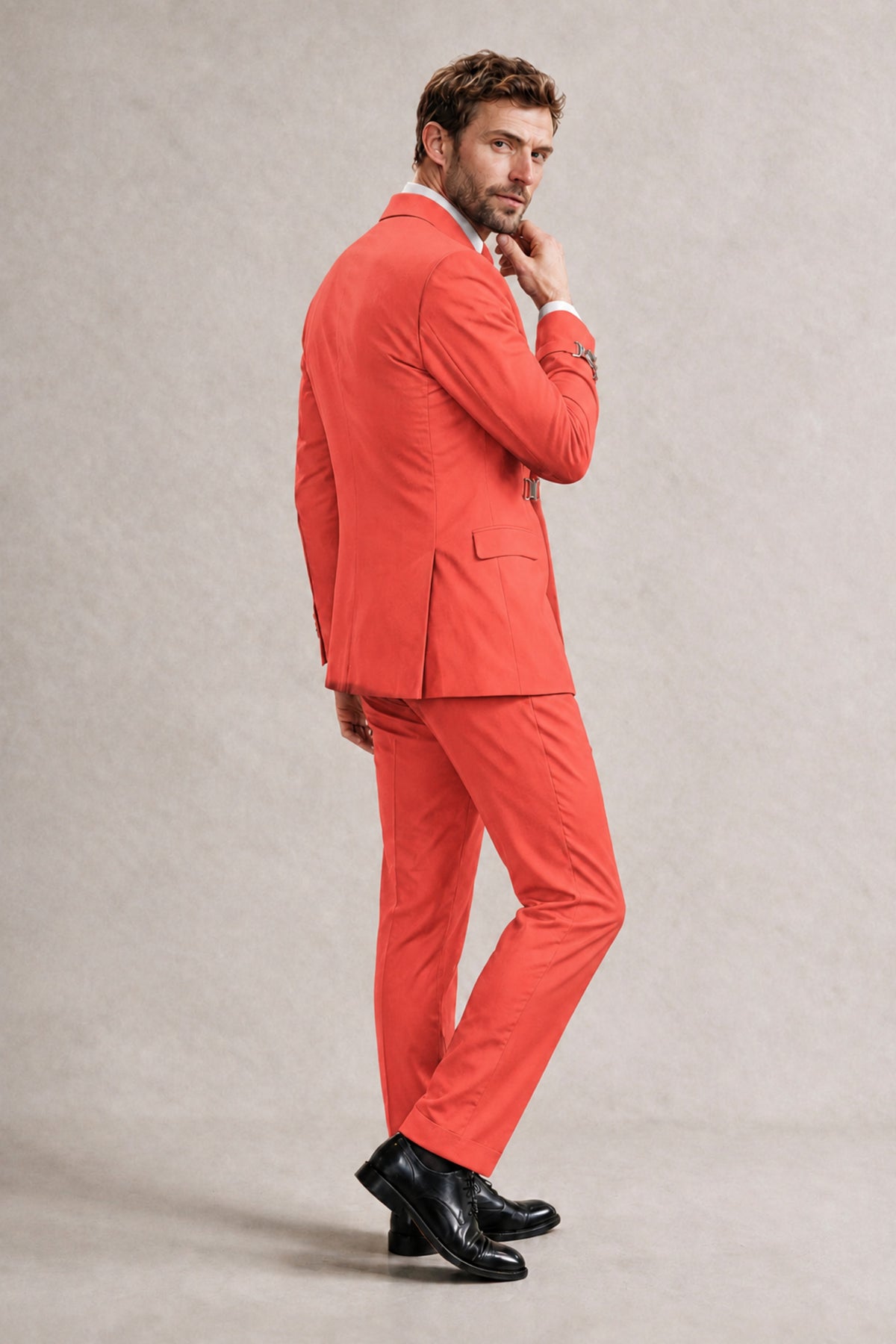 BOLODOO Men's Coral Double-Breasted 2-Piece Suit Set – Blazer & Tailored Trousers - Coral