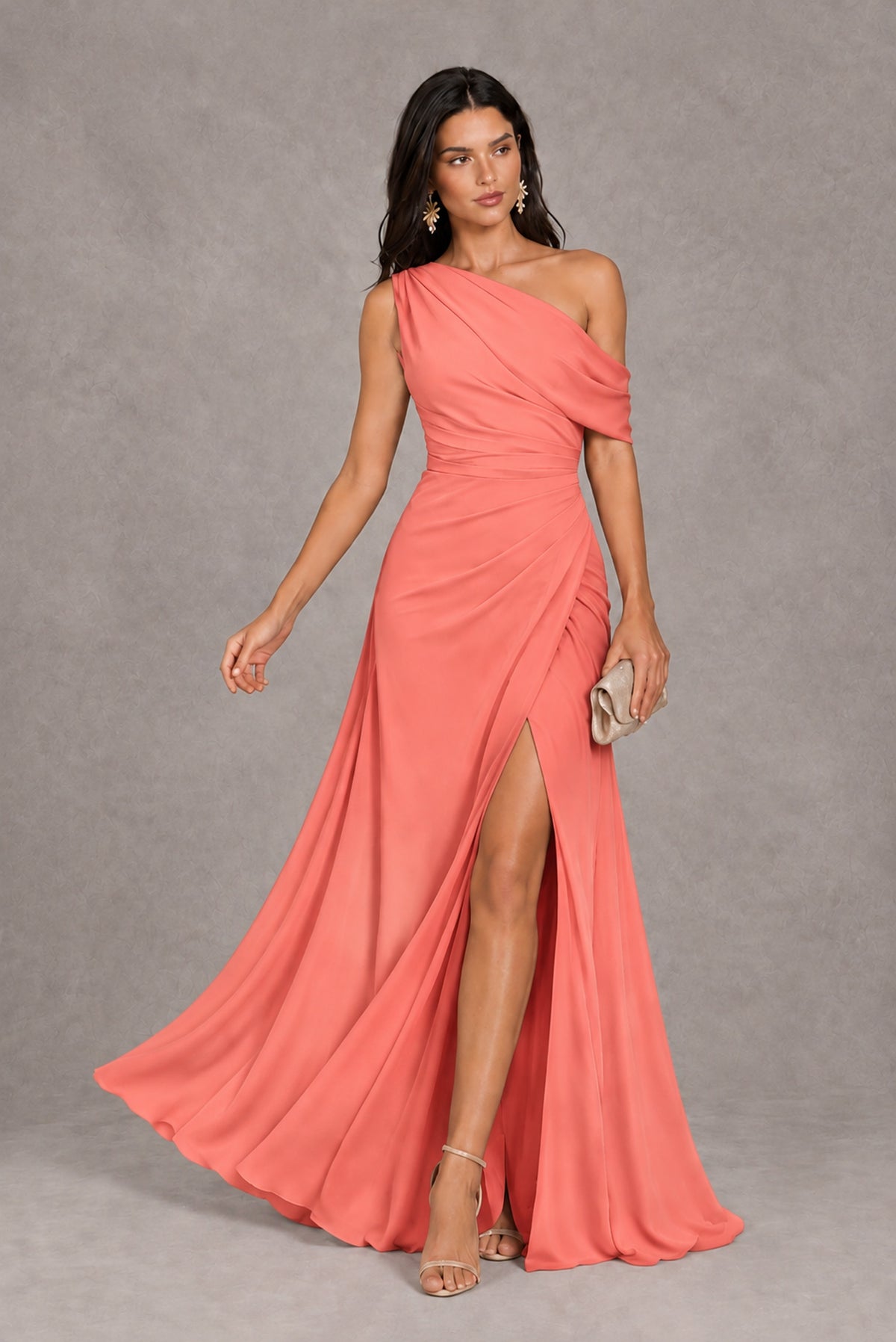Coral One-Shoulder Floor-Length Evening Gown with High Slit - Coral