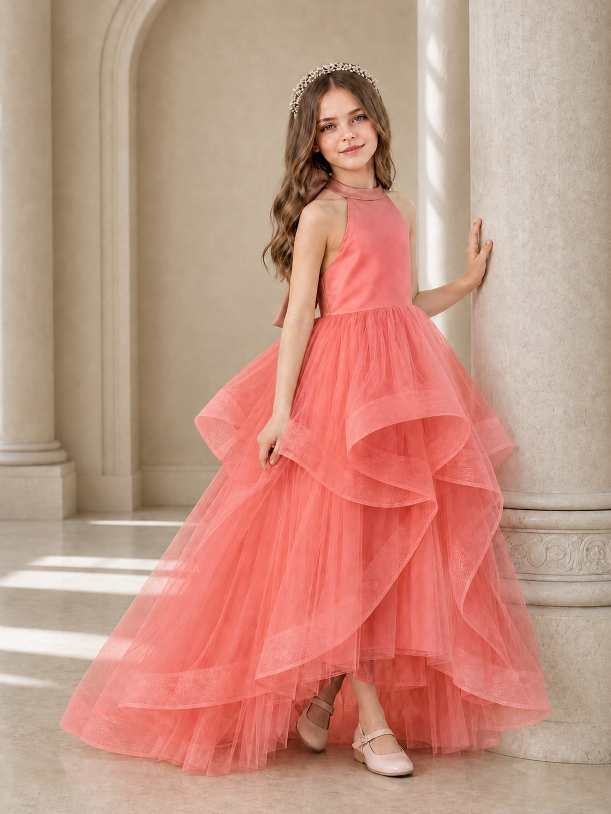 BOLODOO Coral Halter Tiered Tulle Flower Girl Dress with Bow Back - Coral - Coral_3
