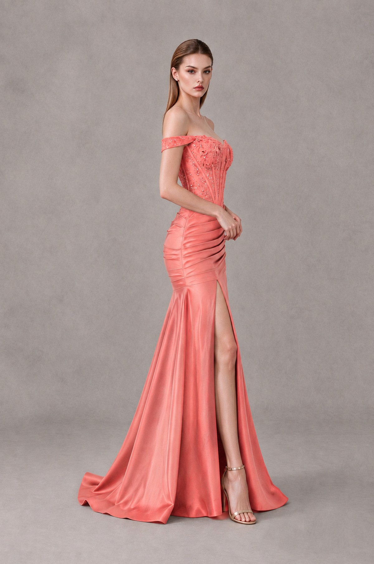 BOLODOO Coral Off-Shoulder Corset Mermaid Prom Dress with Slit Sequin Lace Evening Gown - Coral - Coral_3