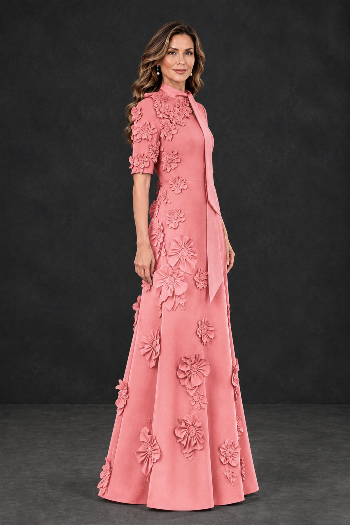 BOLODOO Coral Floral Applique High-Neck Half-Sleeve Gown - Coral - Coral_3