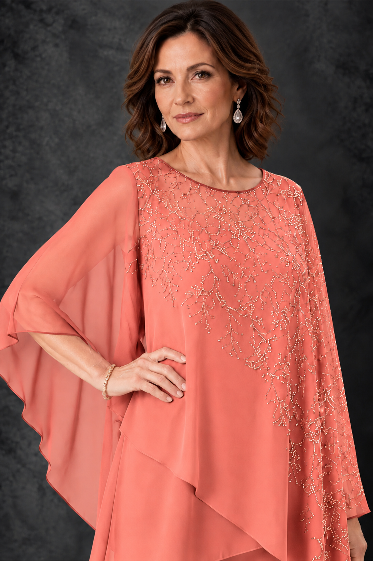 BOLODOO Coral Embellished Cape Pant Suit for Mother of the Bride - Coral - Coral_3