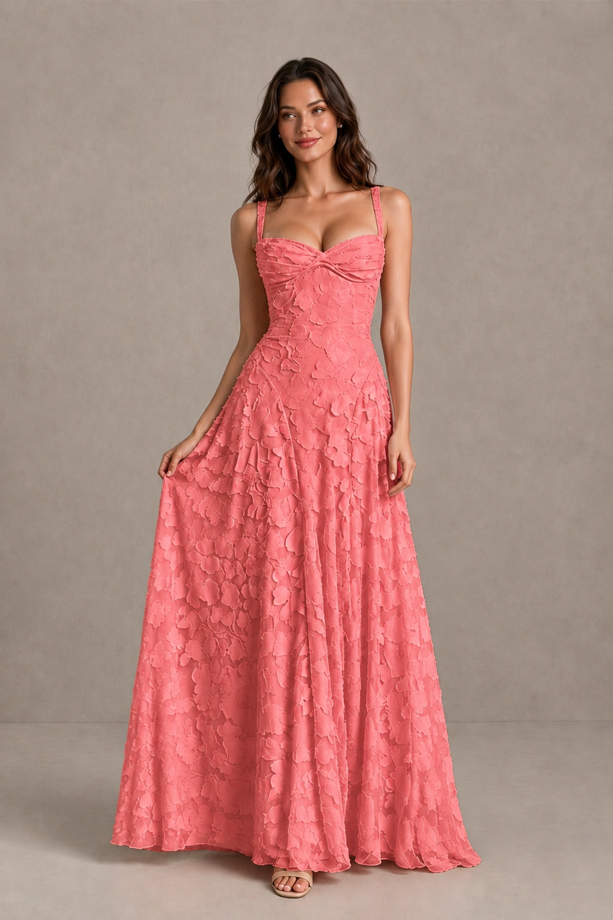 BOLODOO Coral Floral-Textured A-Line Dress with Lace-Up Back - Coral - Coral_3