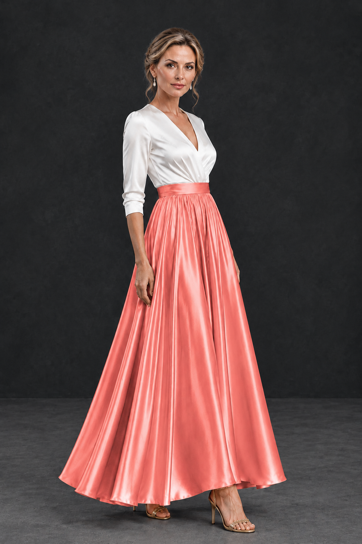 BOLODOO Coral and White V-Neck A-Line Mother of the Bride Dress - Coral - Coral_3