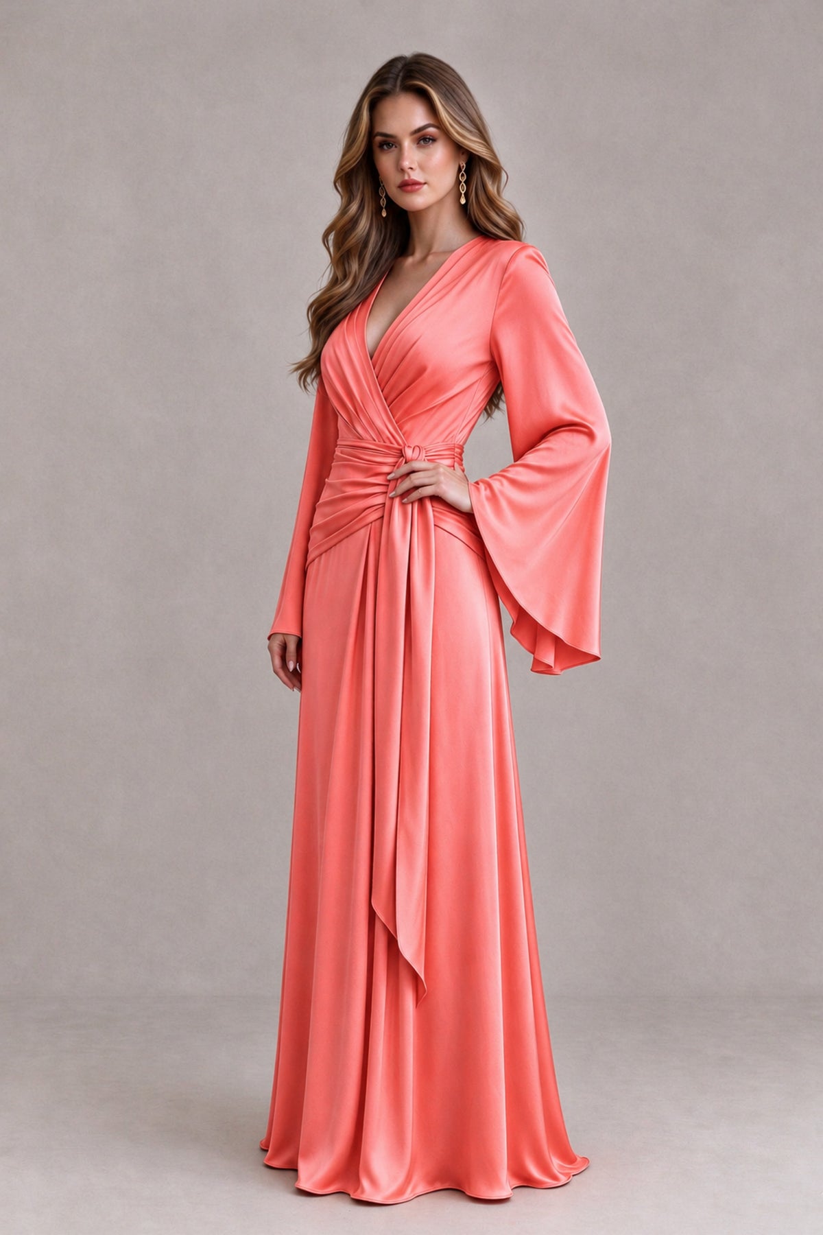 BOLODOO Coral Yellow Satin-Look V-Neck Long Bell Sleeve Evening Dress - Coral - Coral_3