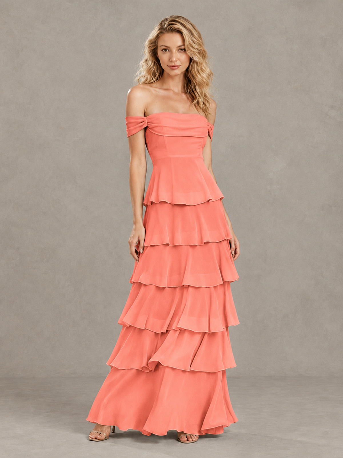 BOLODOO Coral Off-Shoulder Tiered Ruffle Bridesmaid Dress with Lace-Up Back - Coral - Coral_3