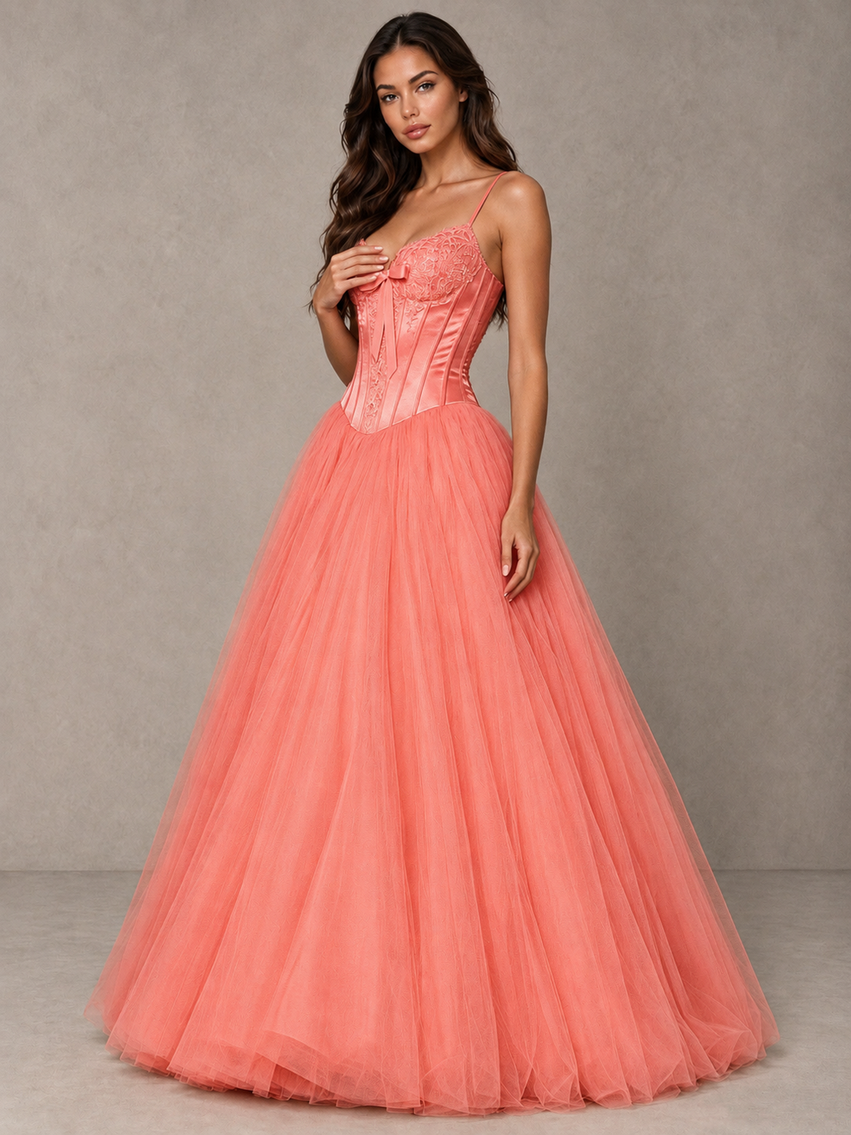 BOLODOO Coral Corset Tulle Prom Dress with Spaghetti Straps - Coral - Coral_3