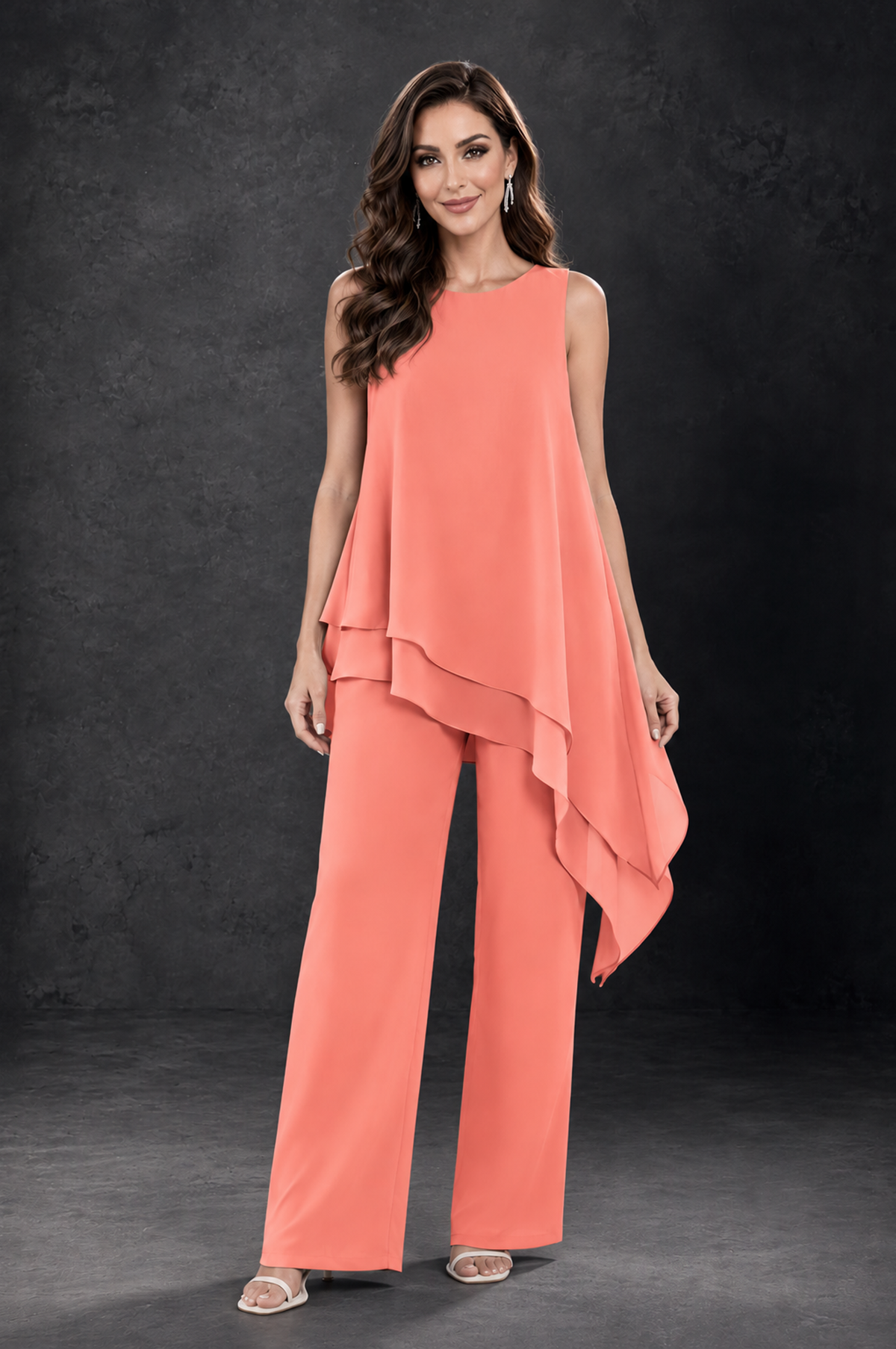 BOLODOO Coral Layered Mother of the Bride Pantsuit with Jacket - Coral - Coral_3