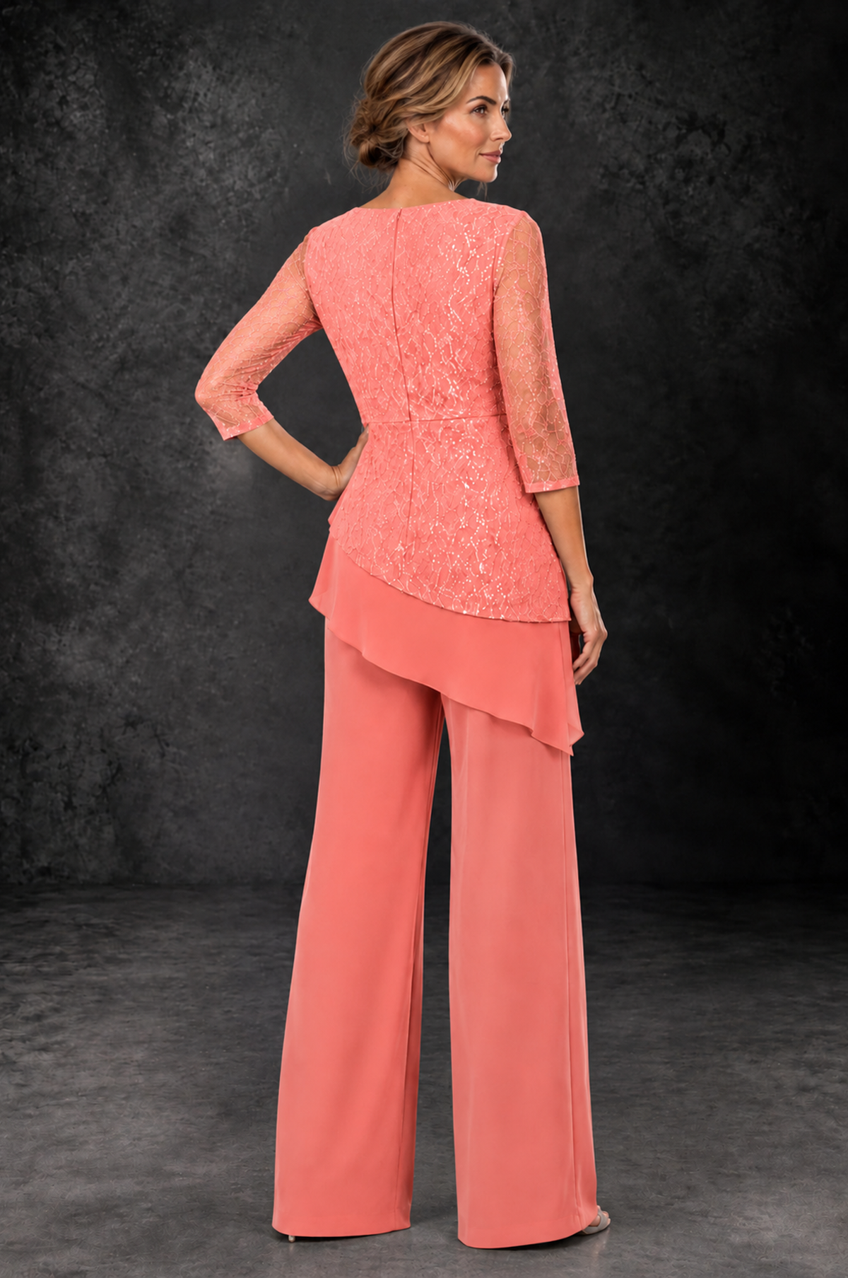 BOLODOO Coral Sequin Lace 3/4 Sleeve Chiffon Mother of the Bride Pant Suit - Coral - Coral_3