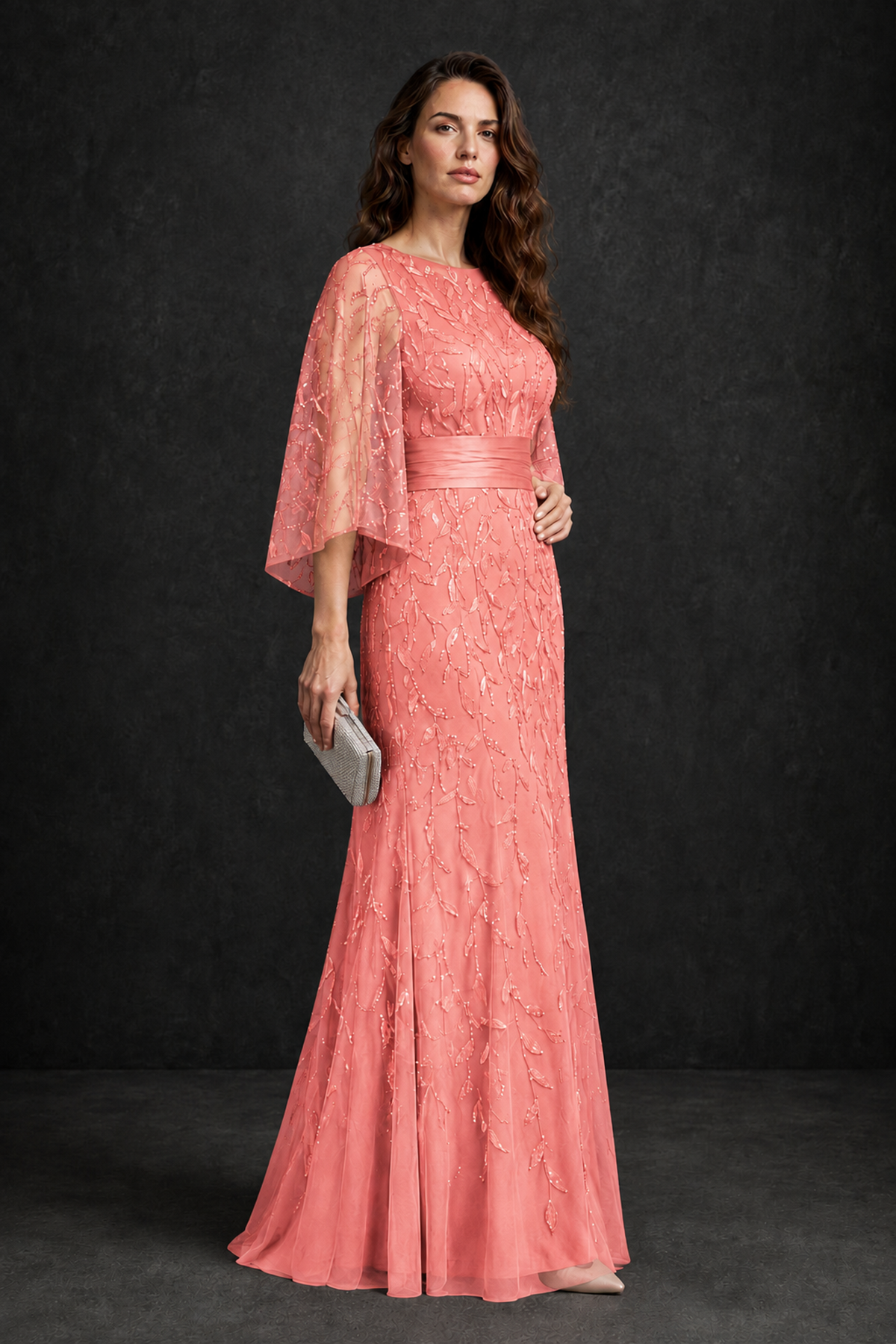BOLODOO Coral Bateau Neck Bell Sleeve Sequin Embroidered Satin Waist A-Line Maxi Dress - Coral - Coral_3