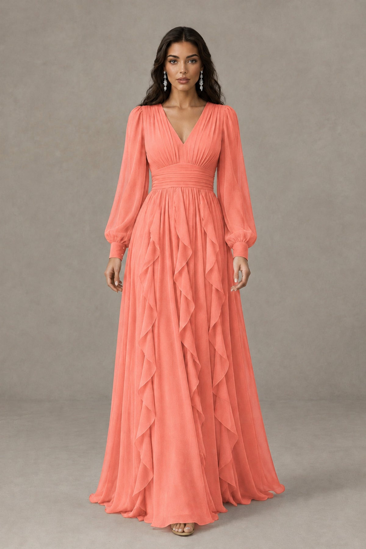 BOLODOO Coral Long Sleeve V-Neck Ruffle Maxi Dress - Coral