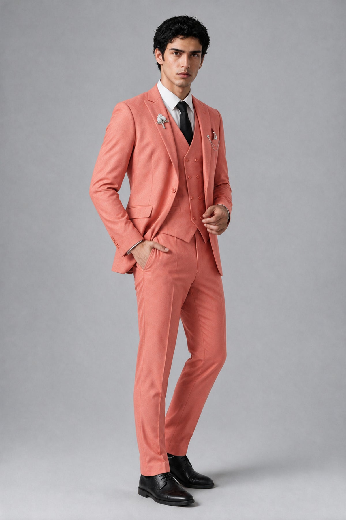 Bolodoo Men's Coral 2-Piece Suit – Notch Lapel Jacket & Trousers - Coral - Coral_3