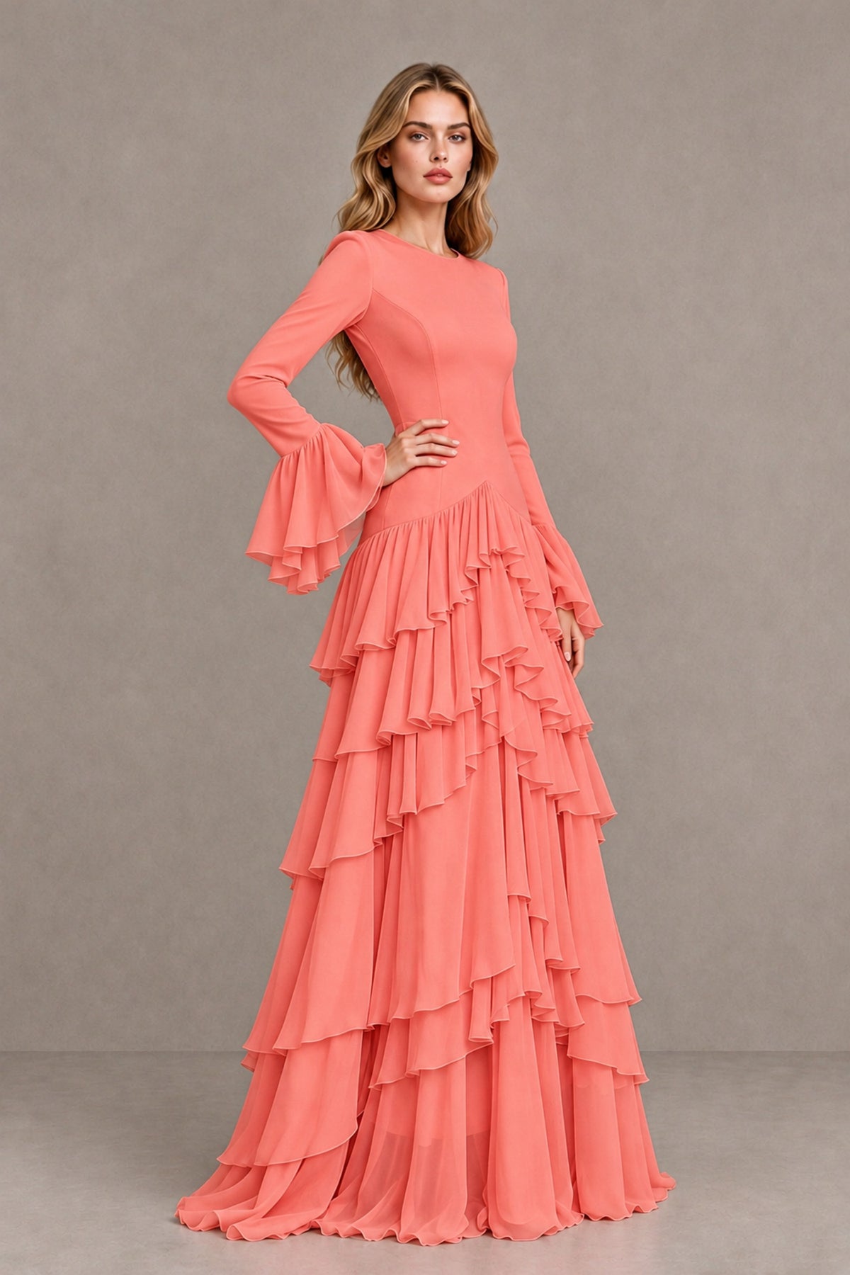 Coral Long Sleeve Tiered Ruffle Evening Gown - Coral - Coral_3