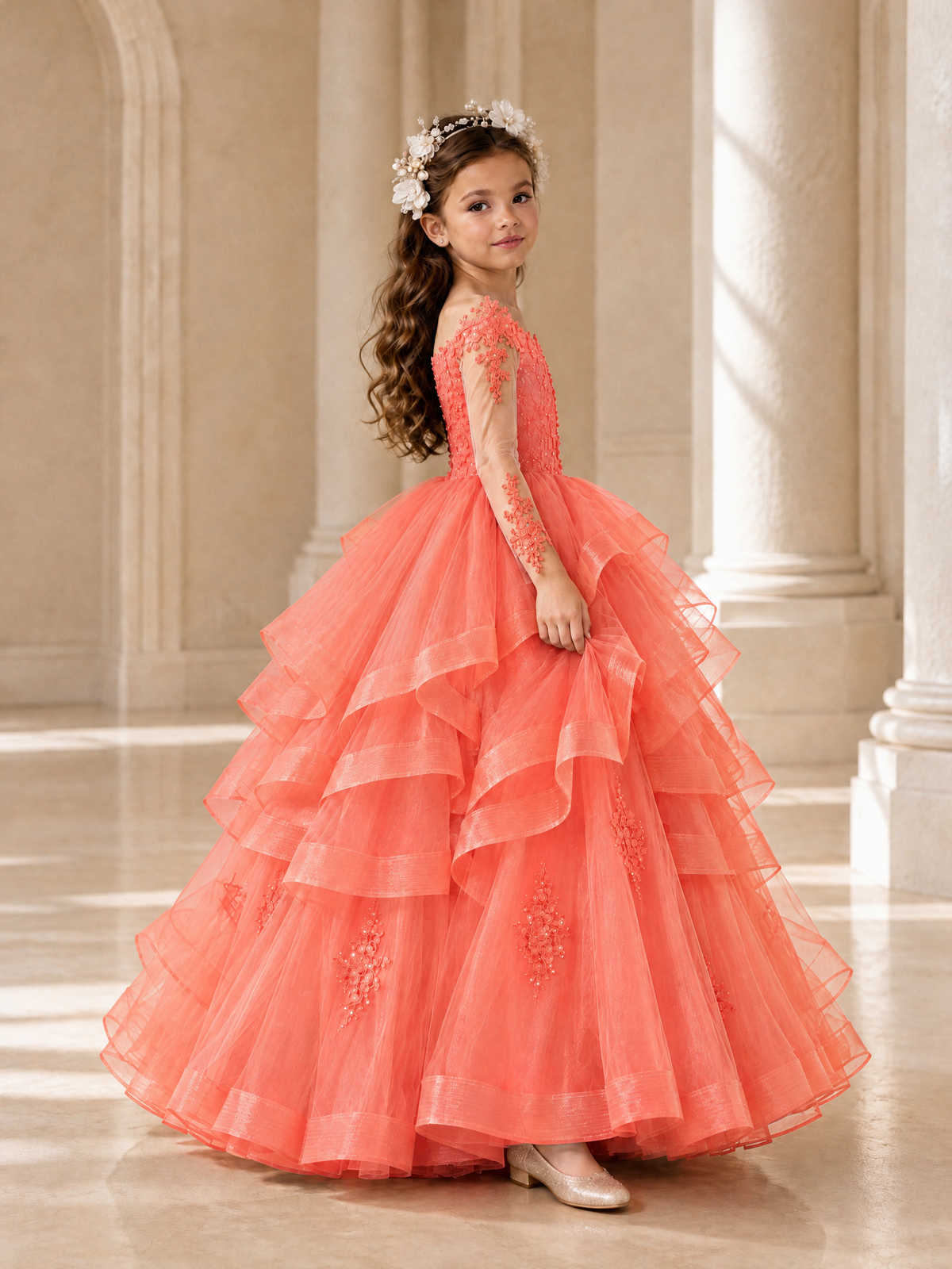 BOLODOO Coral Lace Long Sleeve Tiered Flower Girl Dress - Coral - Coral_3