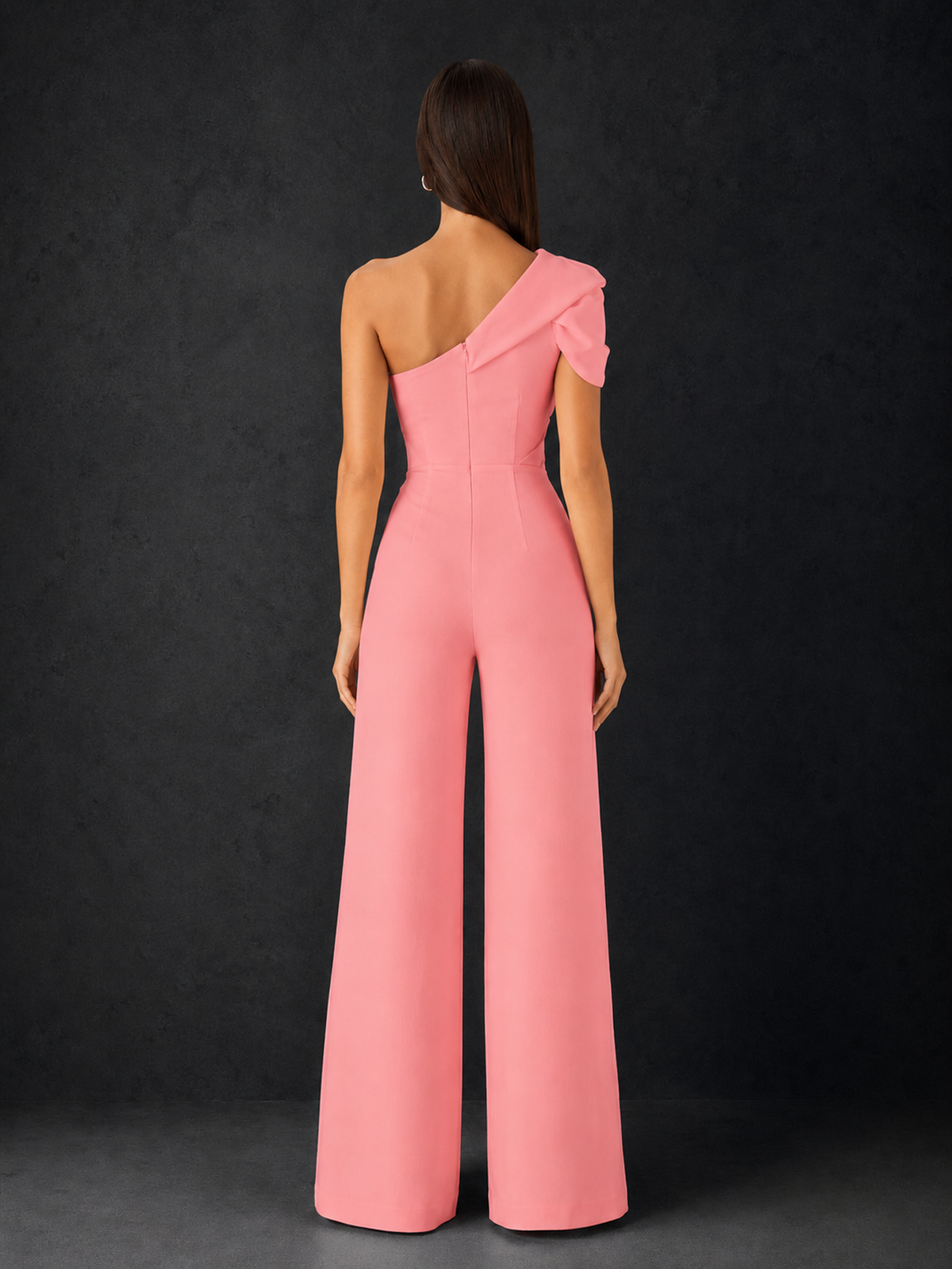 BOLODOO Coral One-Shoulder Puff Sleeve Wide-Leg Jumpsuit with Front Slit and Open Back - Coral