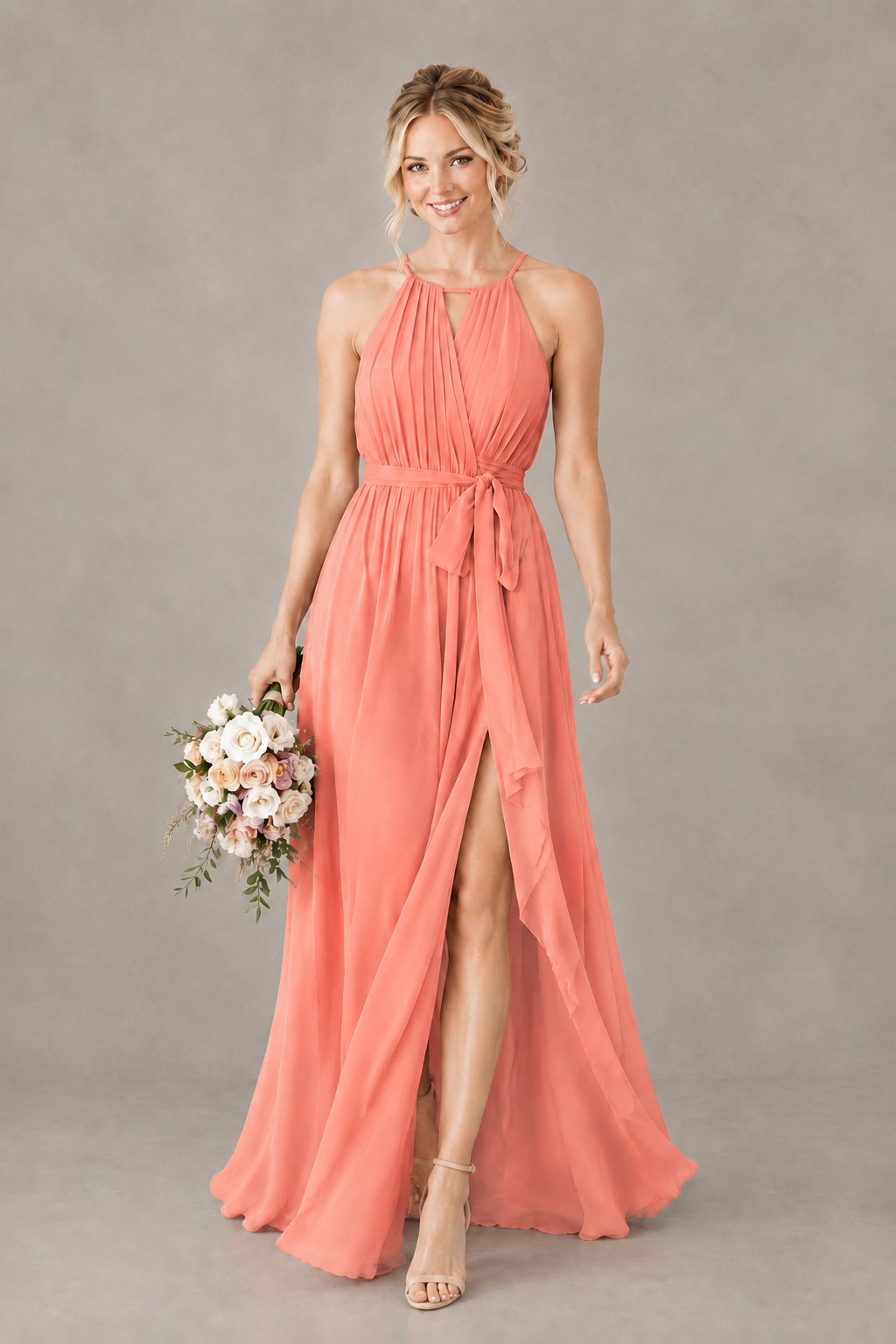 BOLODOO Coral Halter Chiffon Bridesmaid Dress with High Slit - Coral