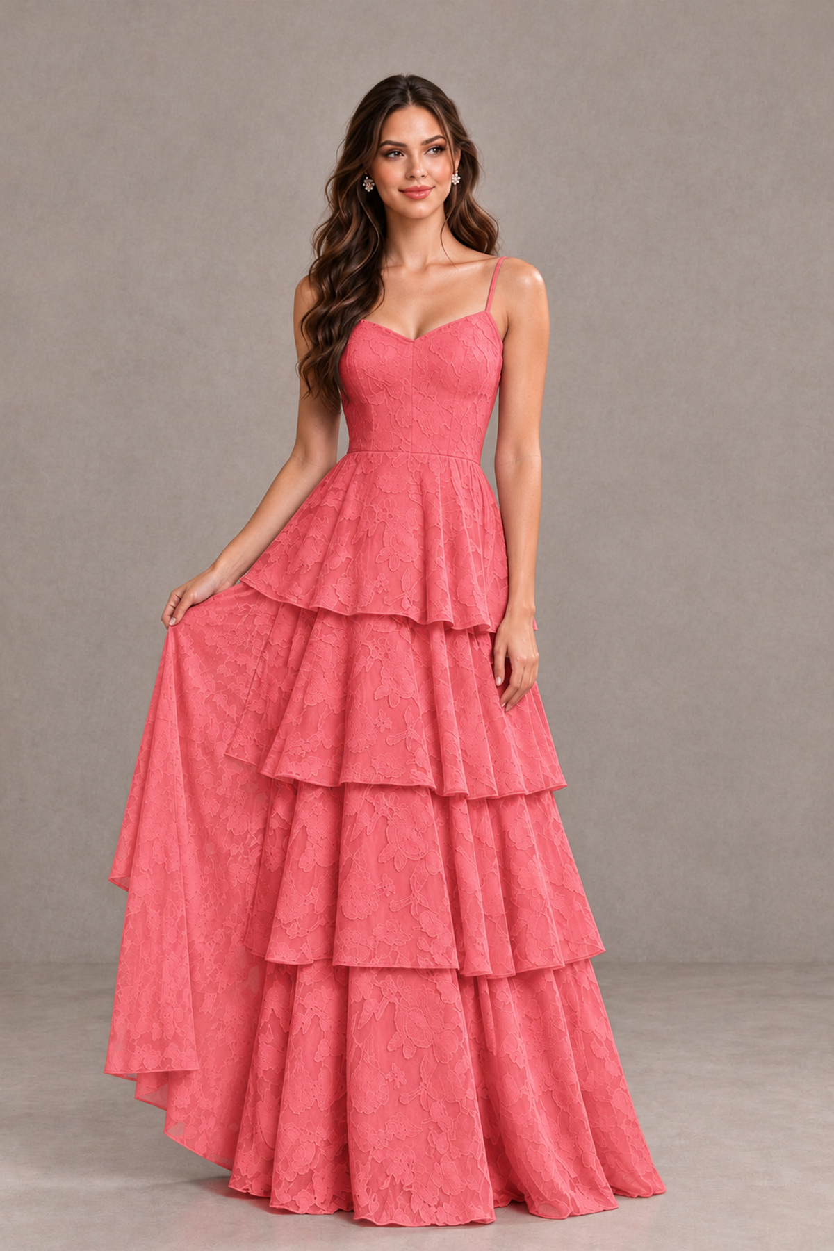 BOLODOO Coral Tiered Floral-Textured Spaghetti Strap Maxi Dress - Coral - Coral_3