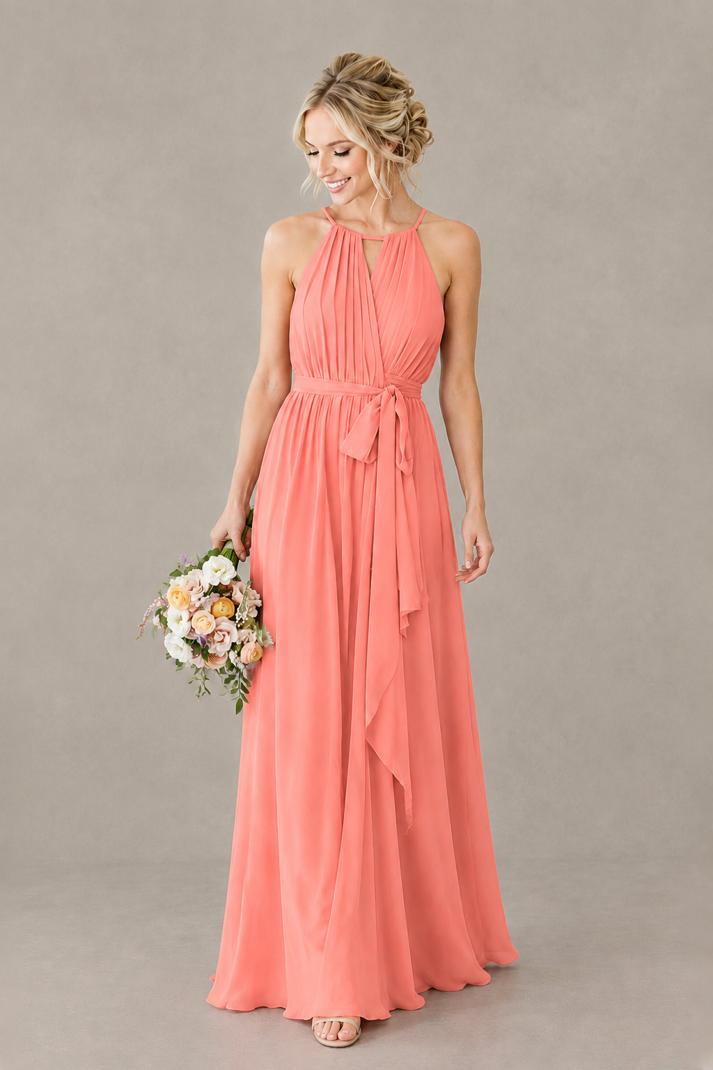 BOLODOO Coral Halter Chiffon Bridesmaid Dress with High Slit - Coral